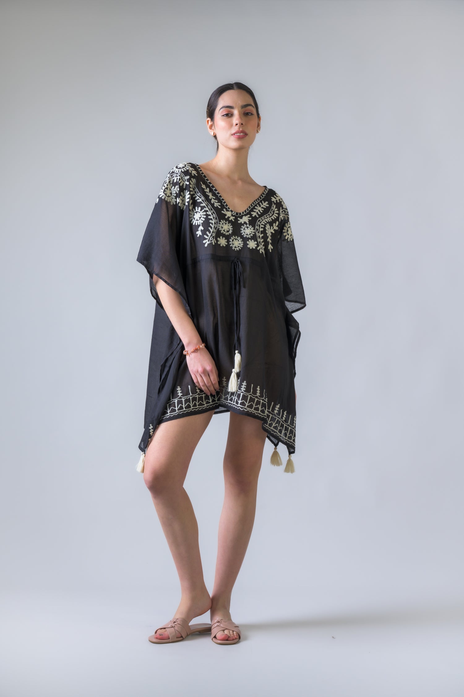 Rhea Tie Waisted Embroidered Short Kaftan