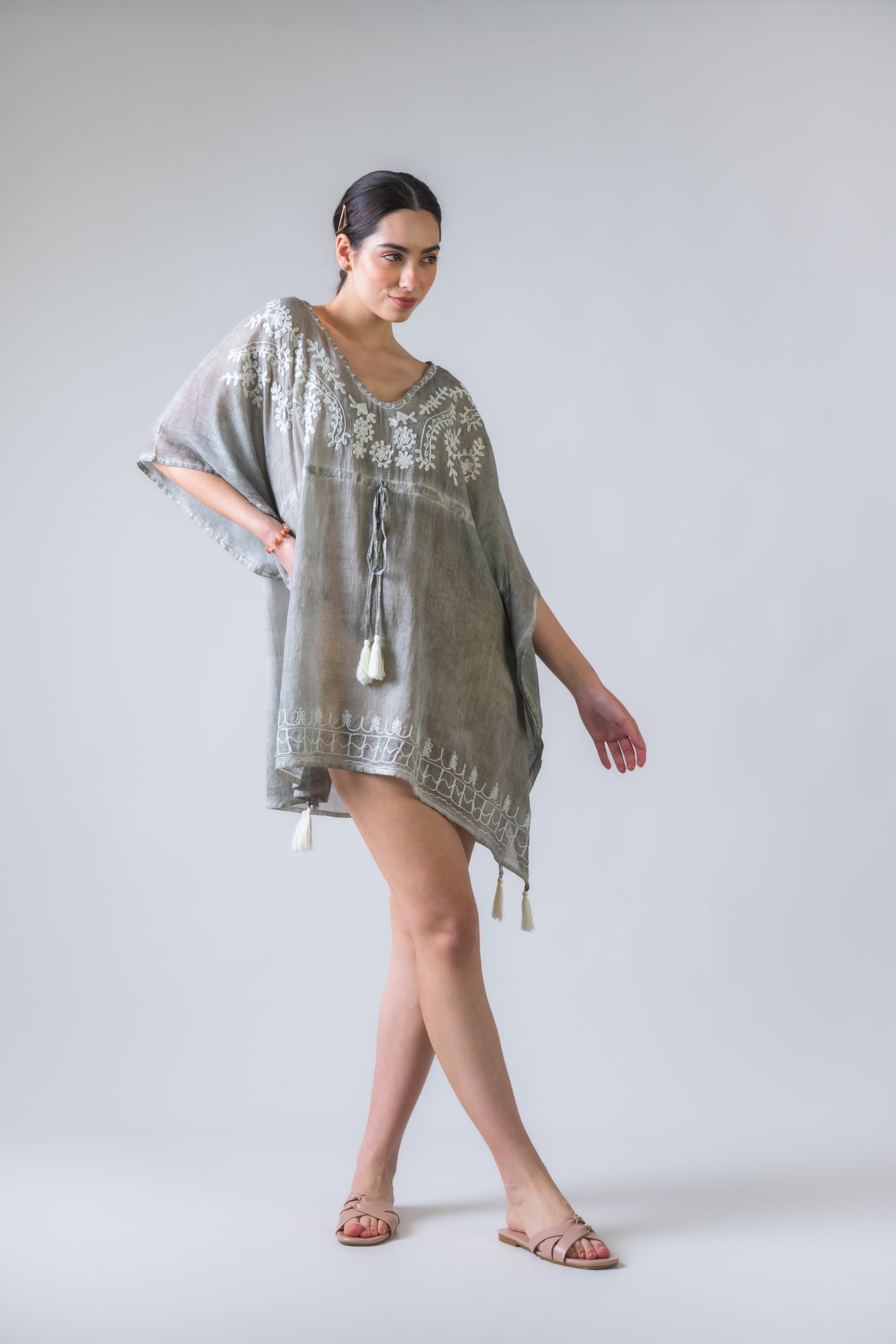 Rhea Tie Waisted Embroidered Short Kaftan