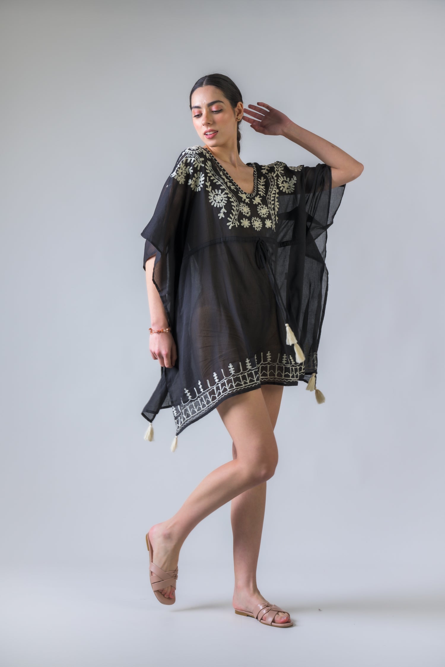 Rhea Tie Waisted Embroidered Short Kaftan