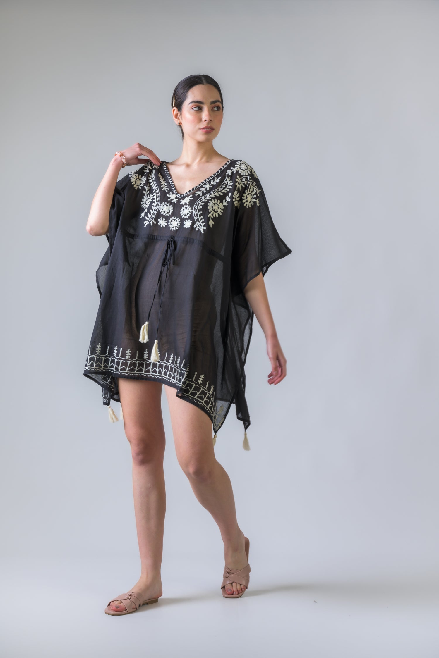 Rhea Tie Waisted Embroidered Short Kaftan