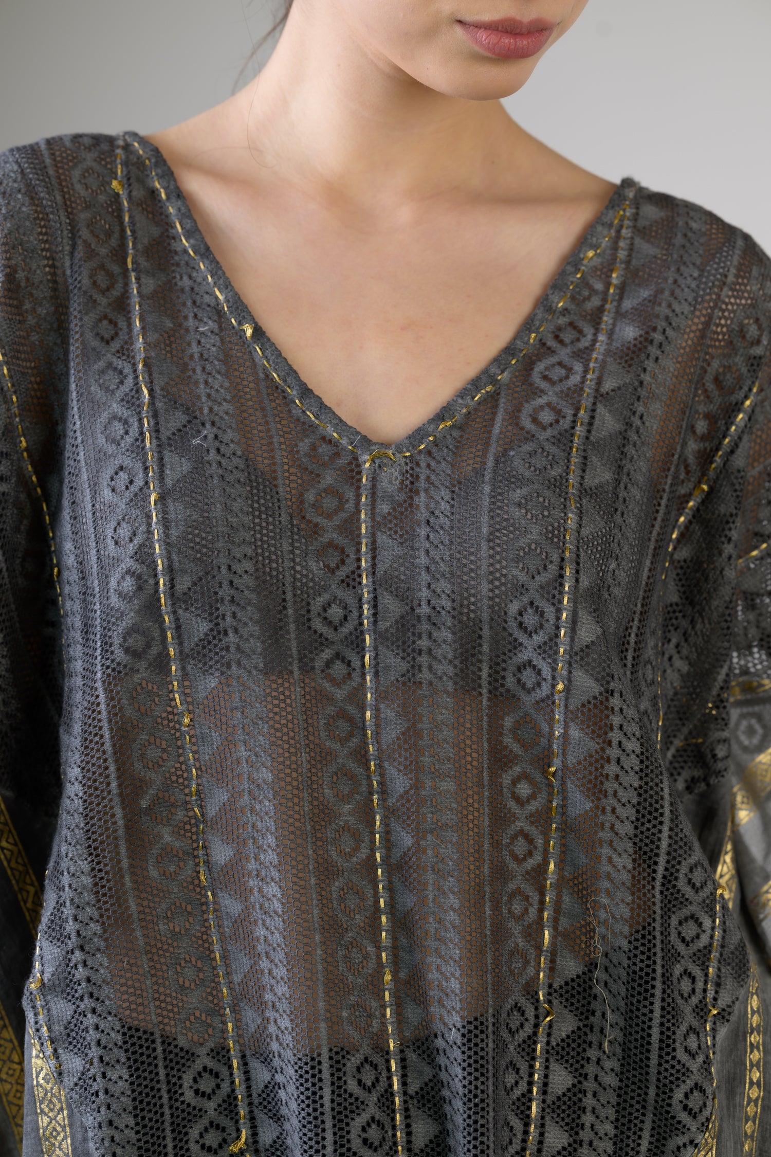 Mesh and Foil Print Kaftan Top