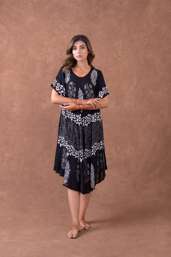 Monochrome Garden Pattern Print Dress - Black