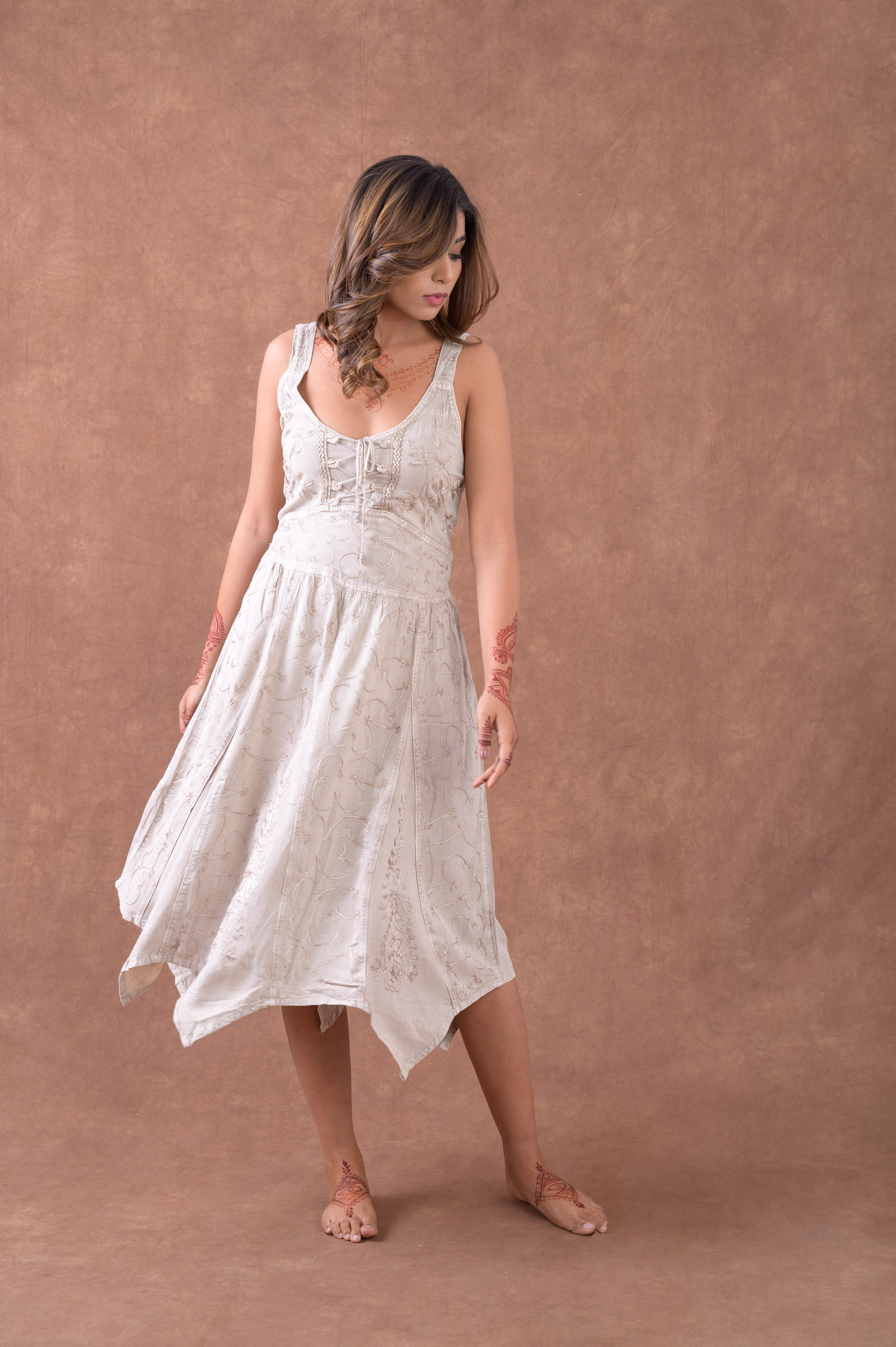 Rhea Natural & Laced Sleeveless Print Dress