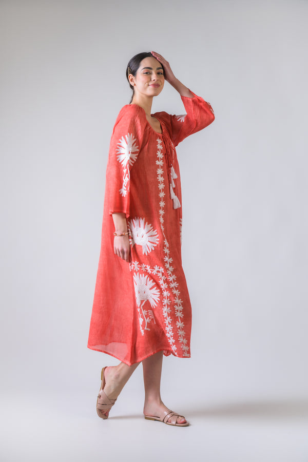 Flower Pattern Embroidered Long Dress - Orange