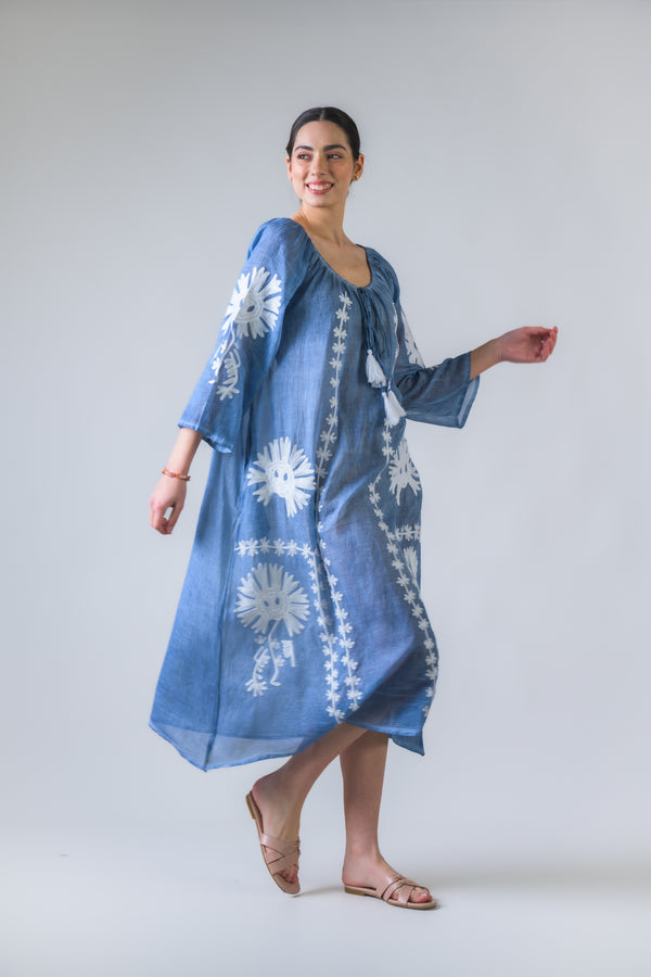 Flower Pattern Embroidered Long Dress - Denim Blue