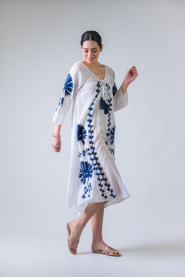 Flower Pattern Embroidered Long Dress - White