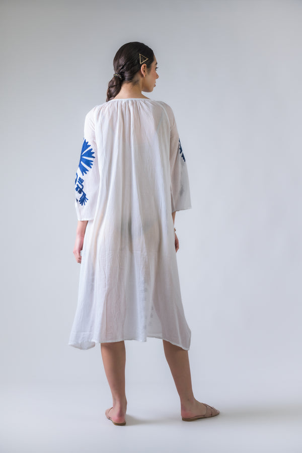 Flower Pattern Embroidered Long Dress - White