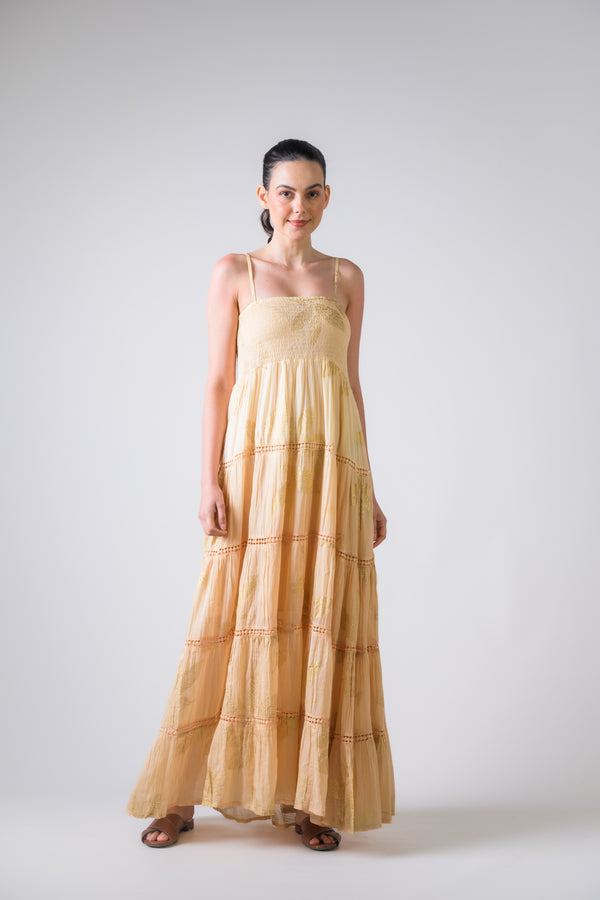 Sleeveless Foil Print Gown - Yellow