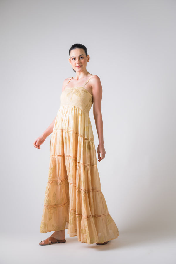 Sleeveless Foil Print Gown - Yellow