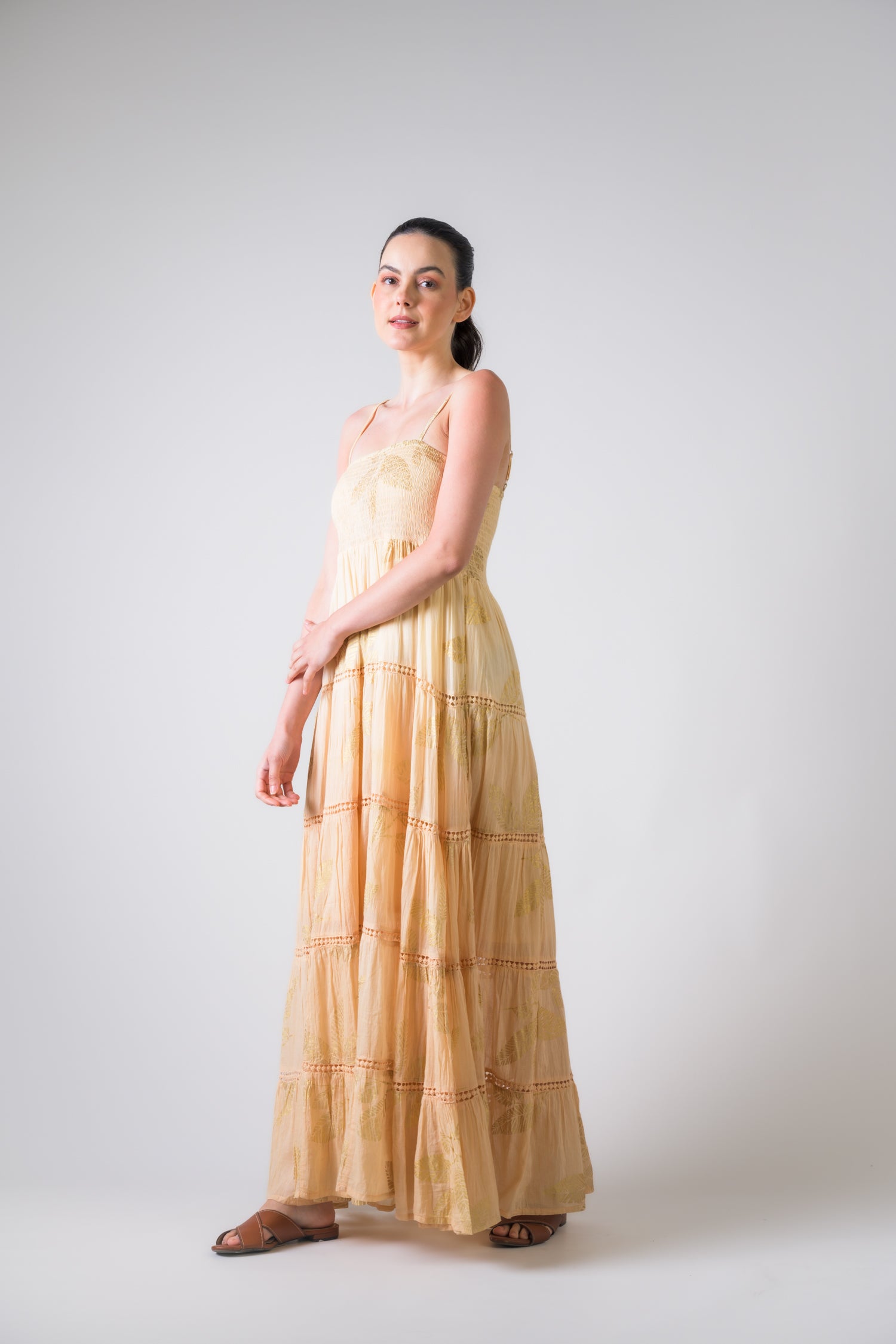 Sleeveless Foil Print Gown - Yellow