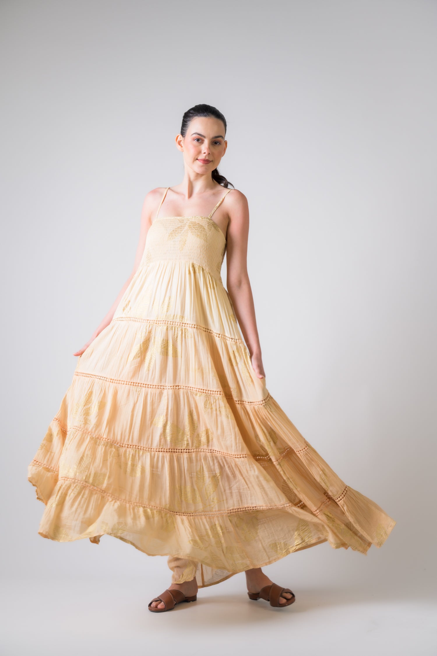 Sleeveless Foil Print Gown - Yellow