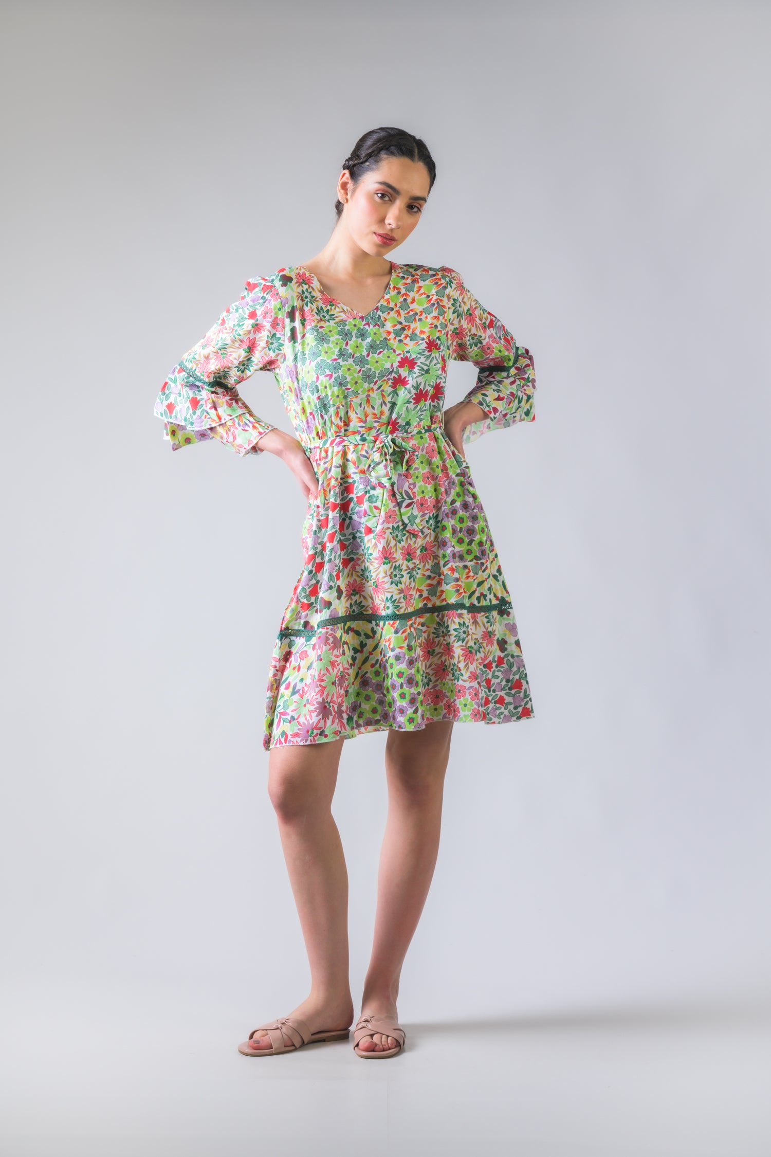 Flower Garden Tie-Waist Dress - Green