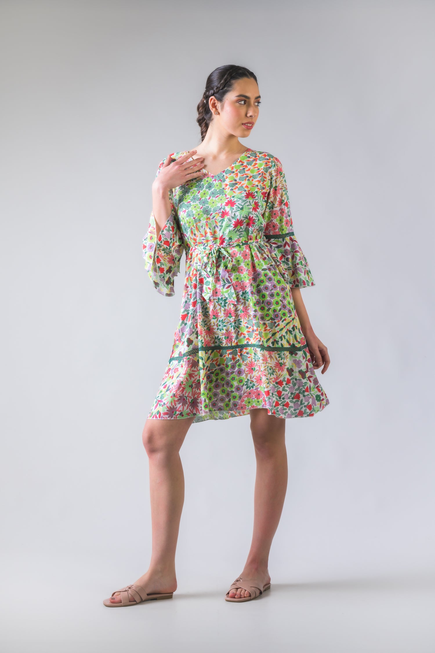 Flower Garden Tie-Waist Dress - Green