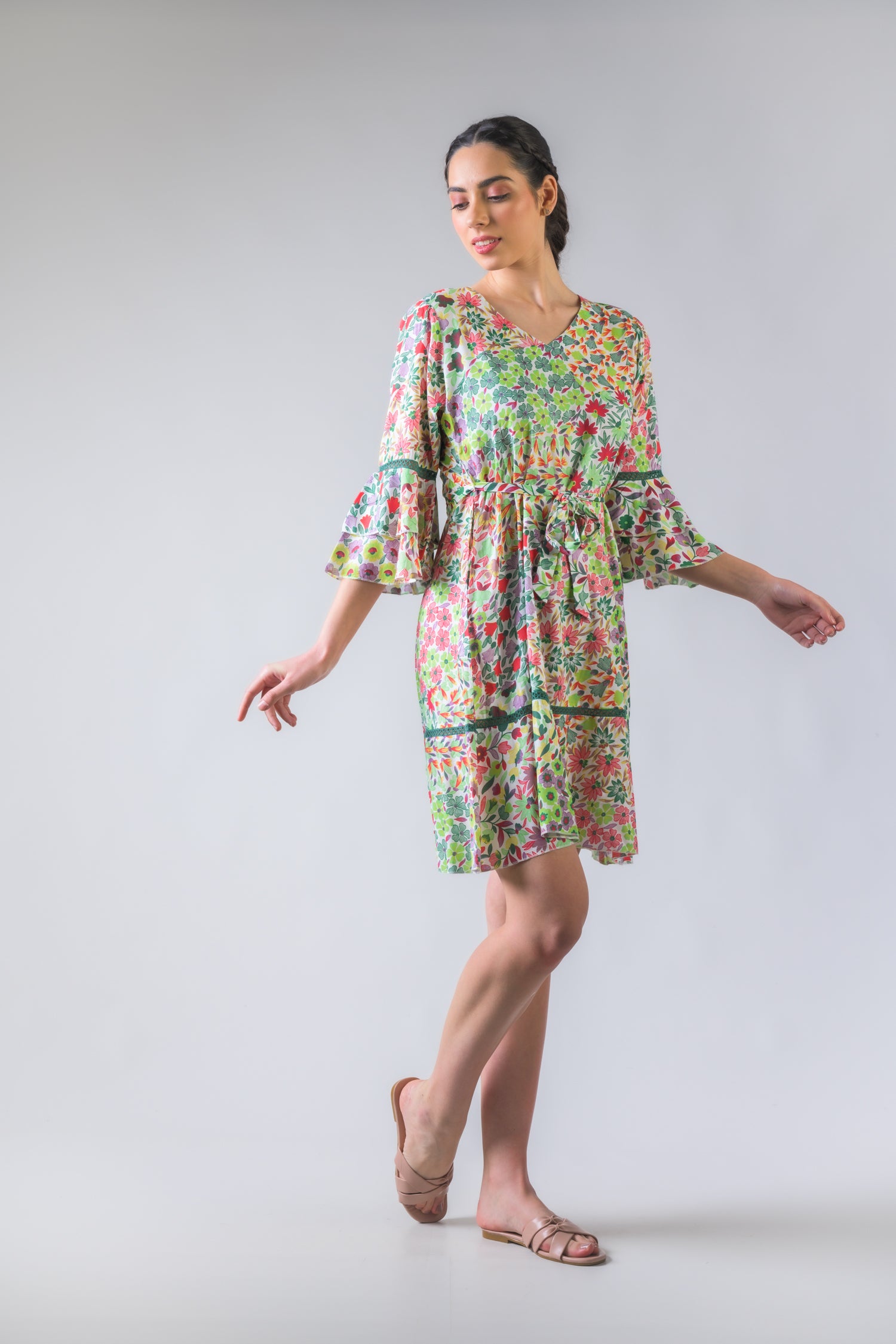 Flower Garden Tie-Waist Dress - Green