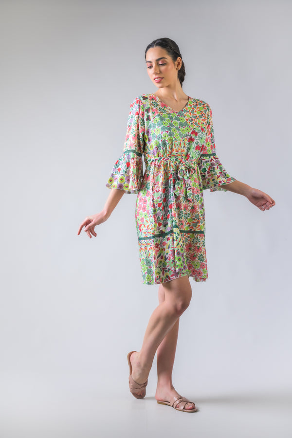 Flower Garden Tie-Waist Dress - Green