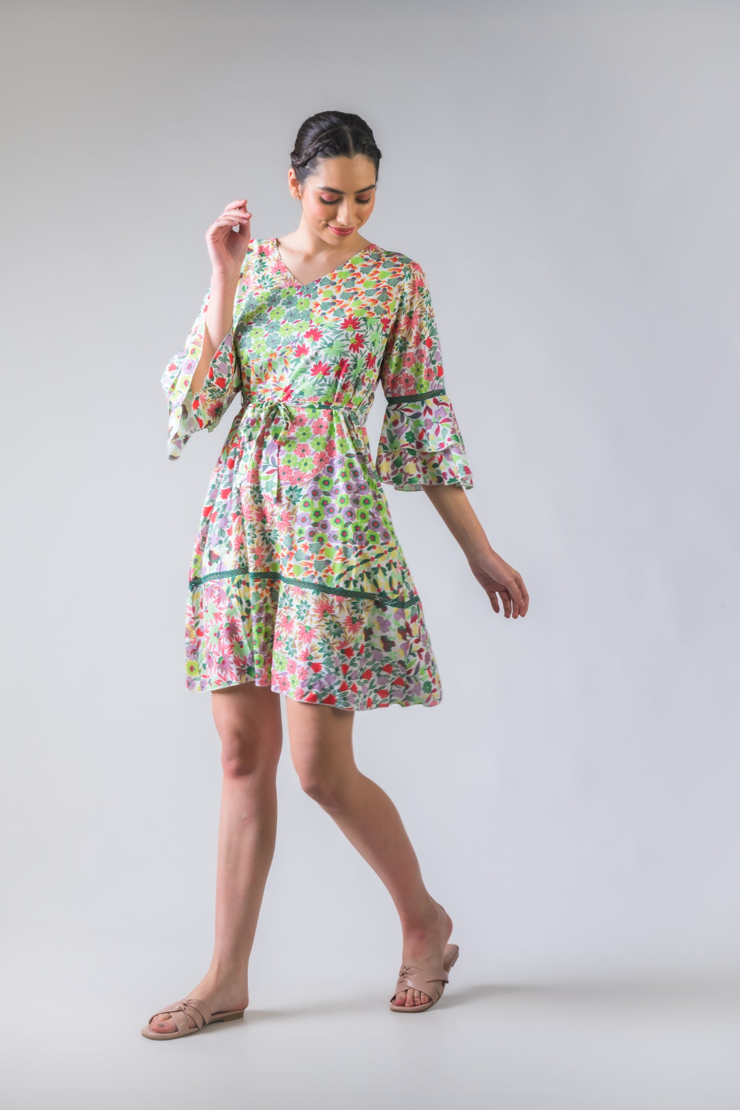 Flower Garden Tie-Waist Dress - Green