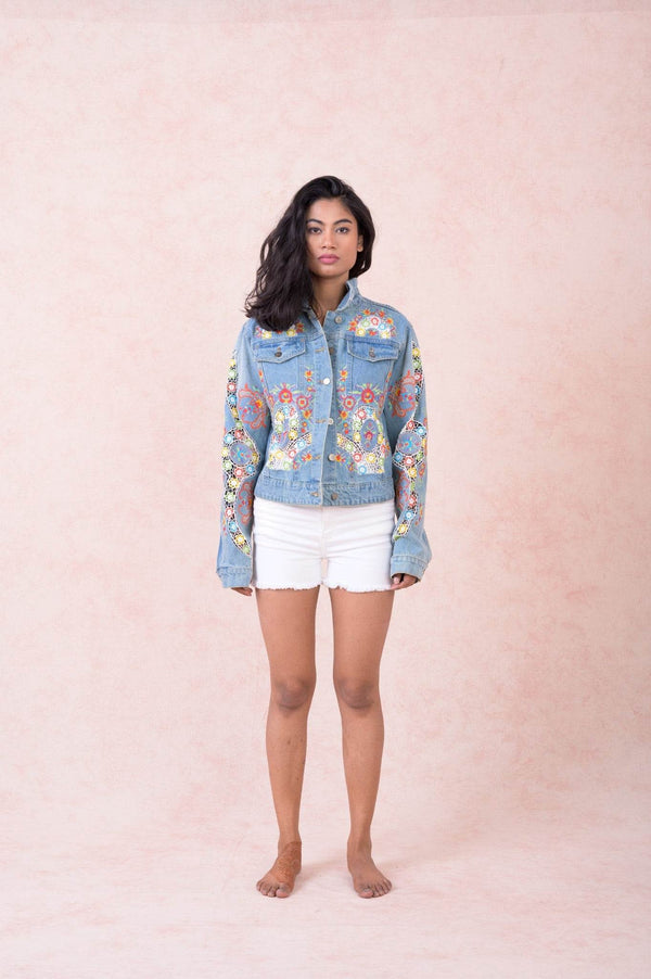Flowered Denim Jacket Pattern2 / Small/Medium