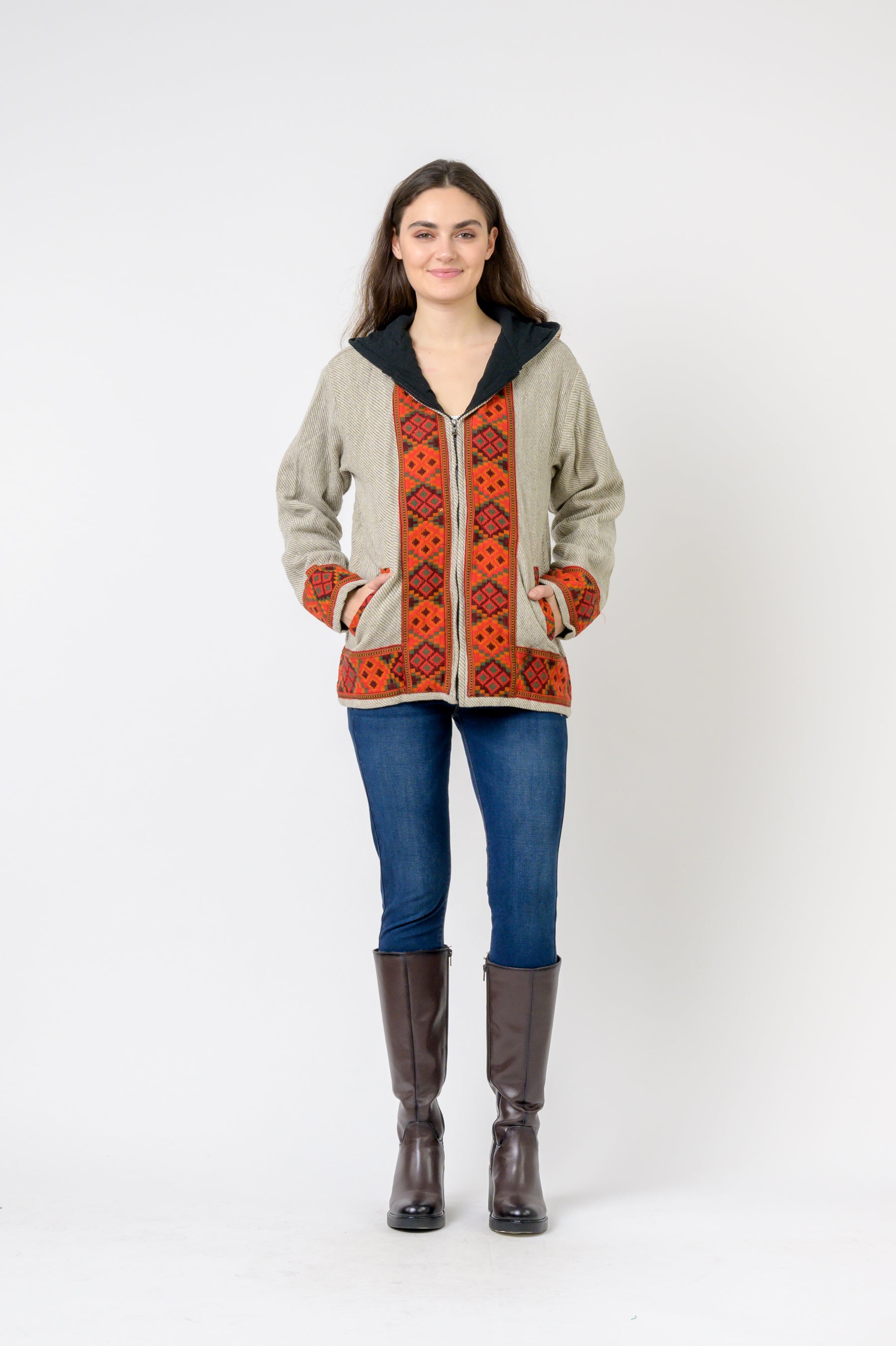 Solid Jacket With Patterned Hem