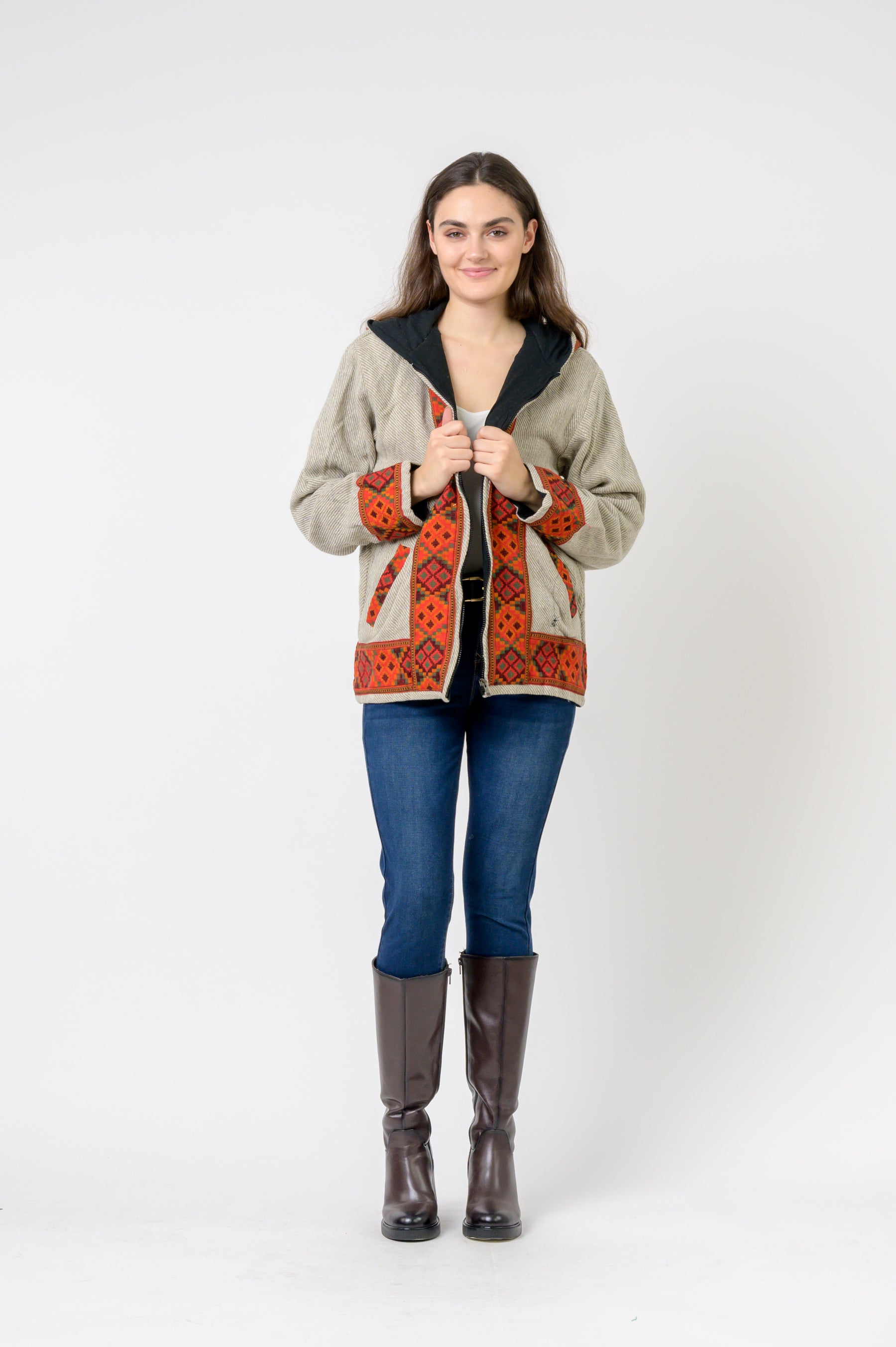 Solid Jacket With Patterned Hem