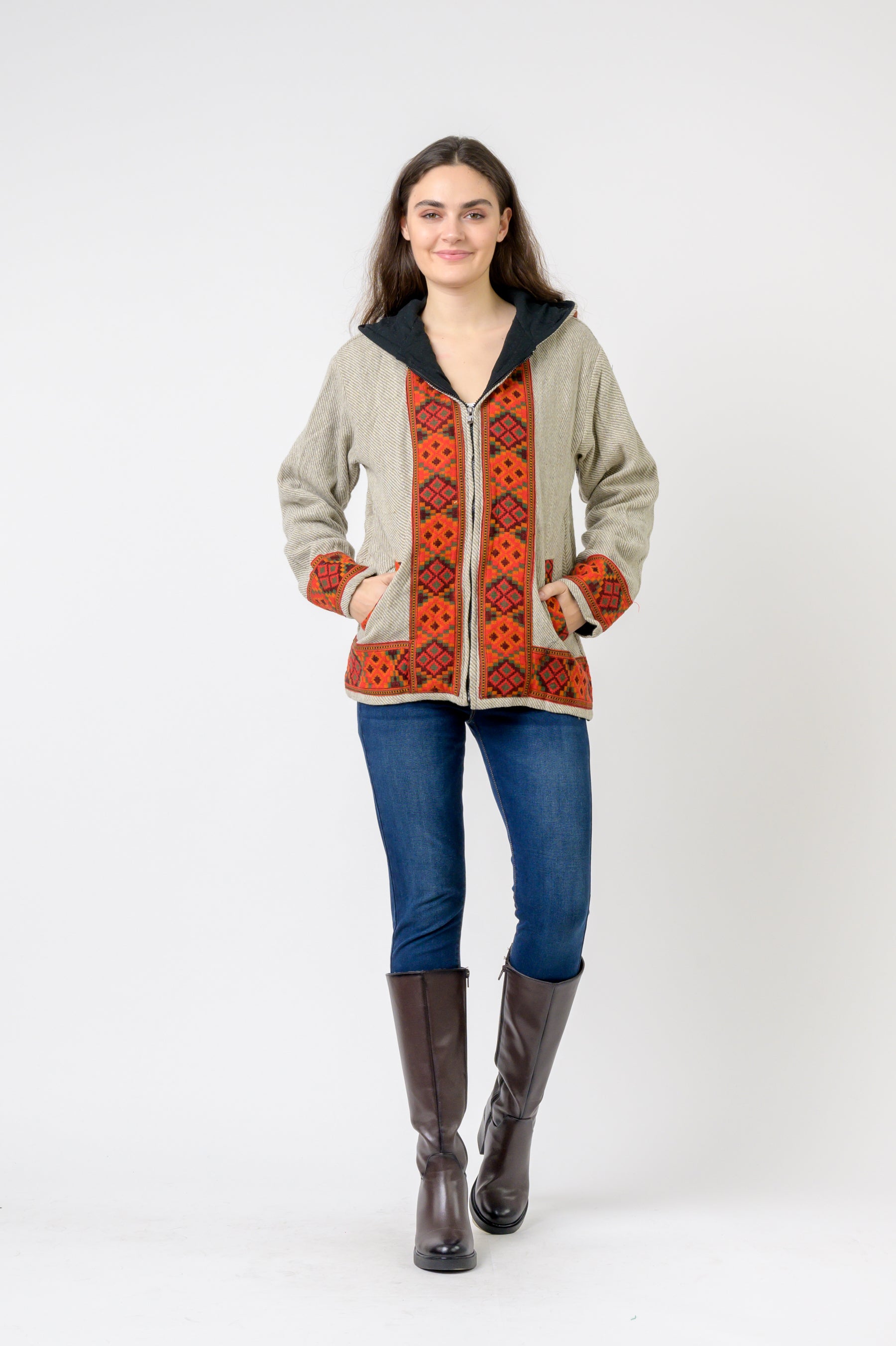 Solid Jacket With Patterned Hem