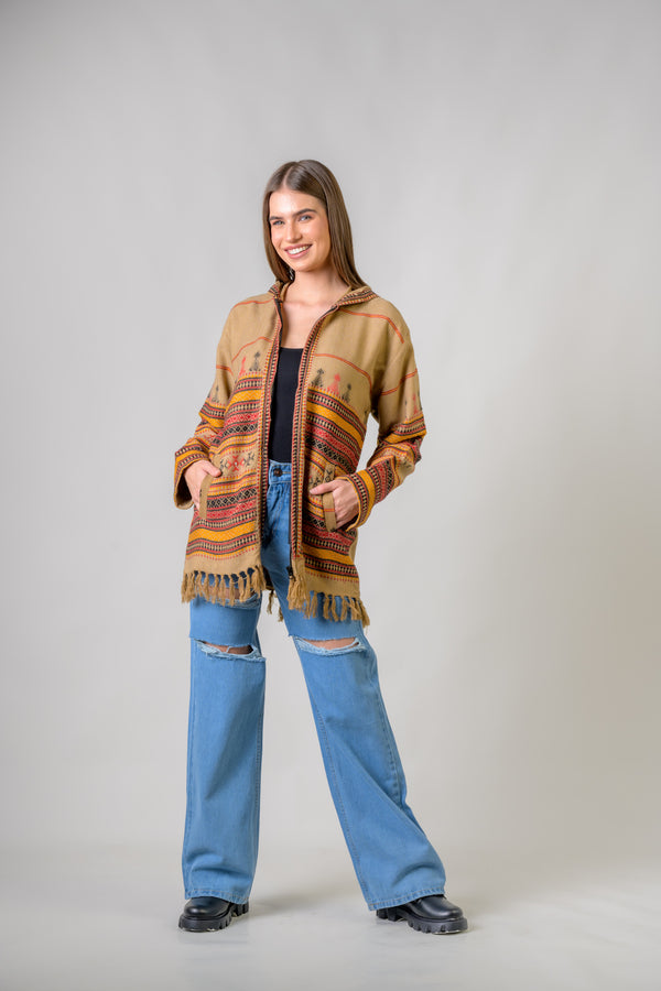 Pattern Zippered Jacket - Beige