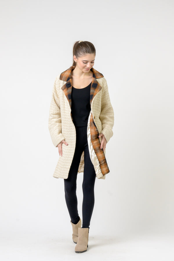 Single Button Cotton Knitted French Coat - Brown