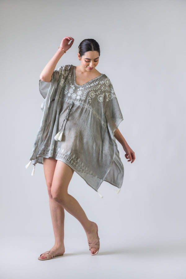 Tie Waisted Embroidered Short Kaftan - Grey