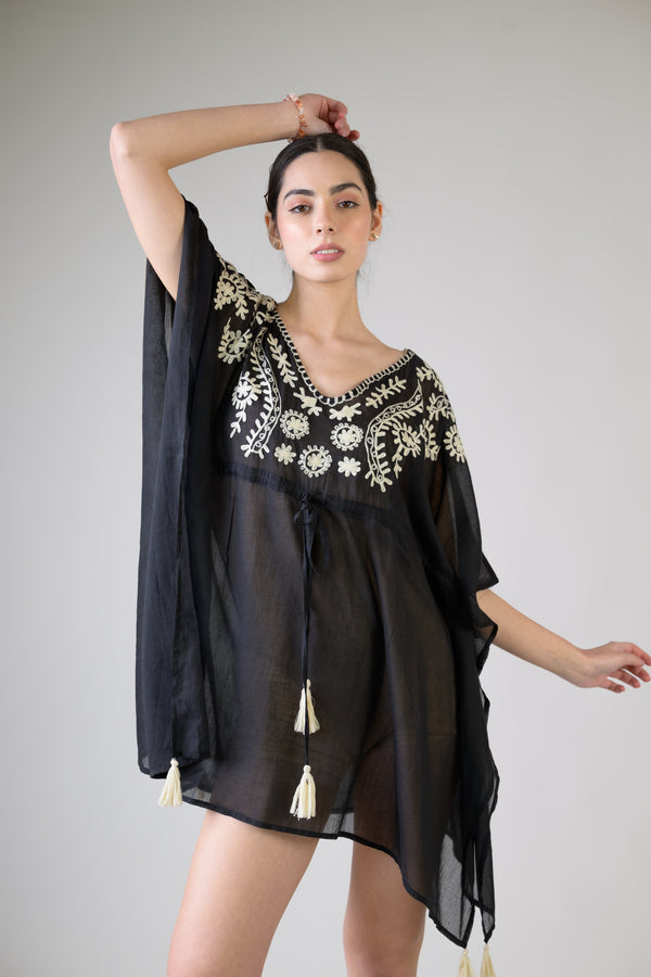 Tie Waisted Embroidered Short Kaftan - Black