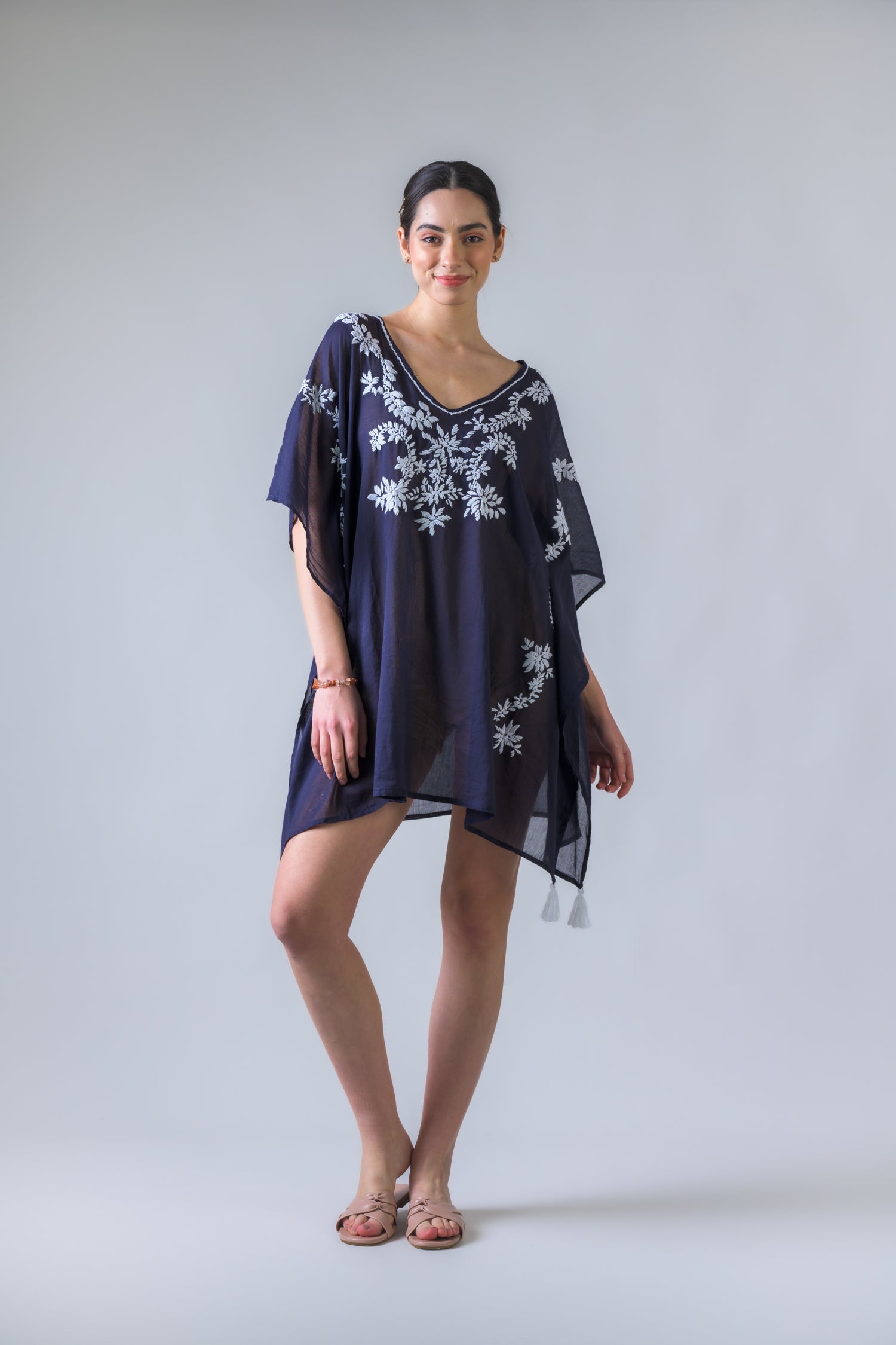 Laurels Embroidered Short Kaftan - Navy Blue