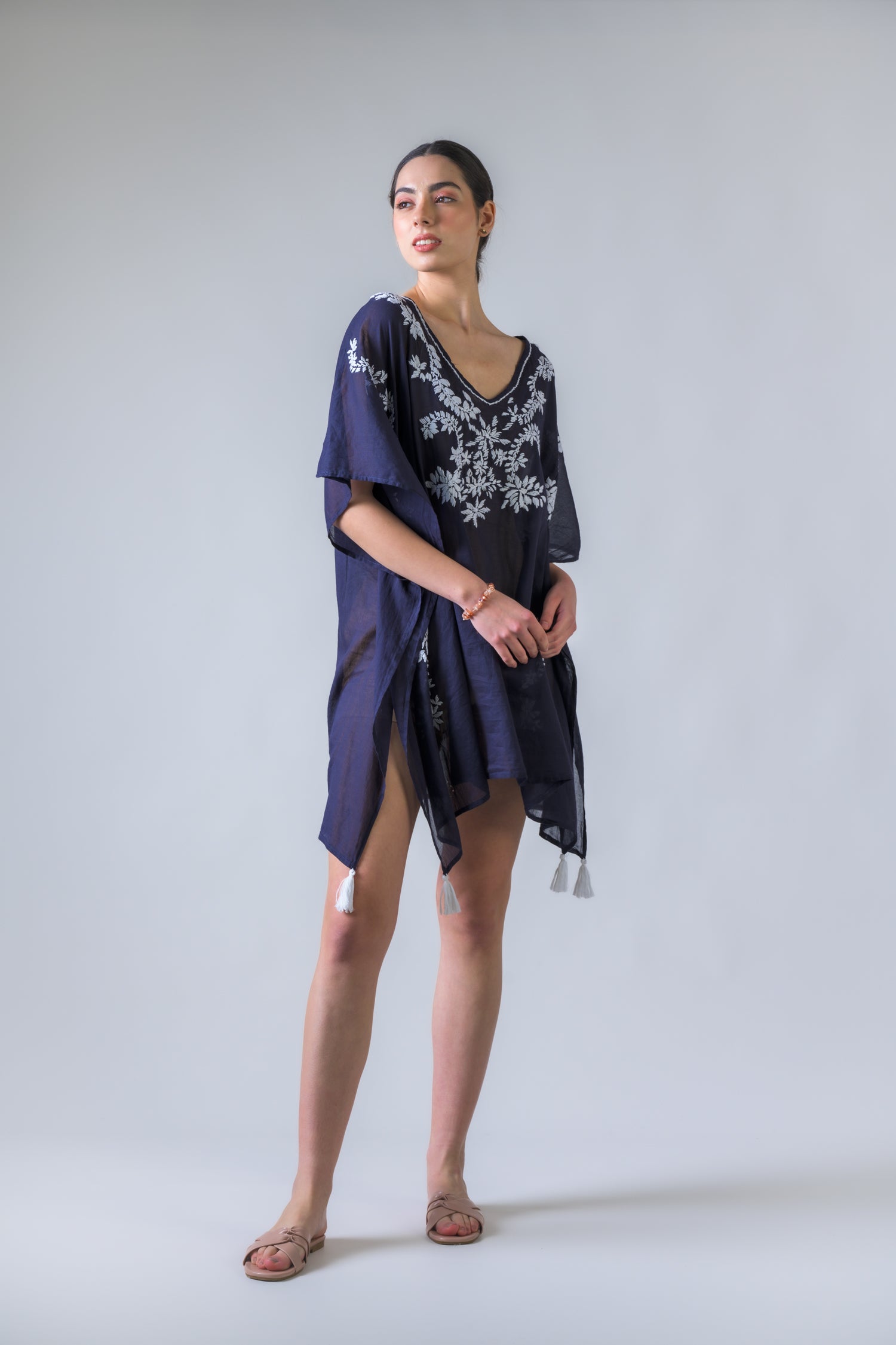 Laurels Embroidered Short Kaftan - Navy Blue