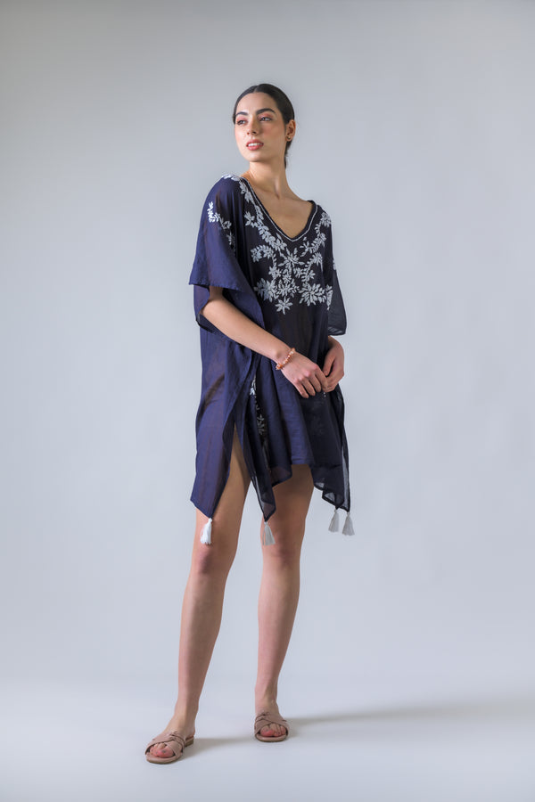 Laurels Embroidered Short Kaftan - Navy Blue
