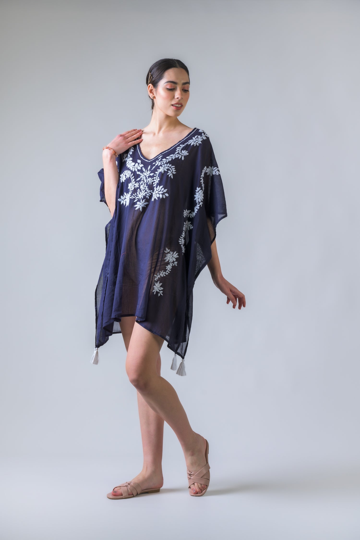 Laurels Embroidered Short Kaftan - Navy Blue