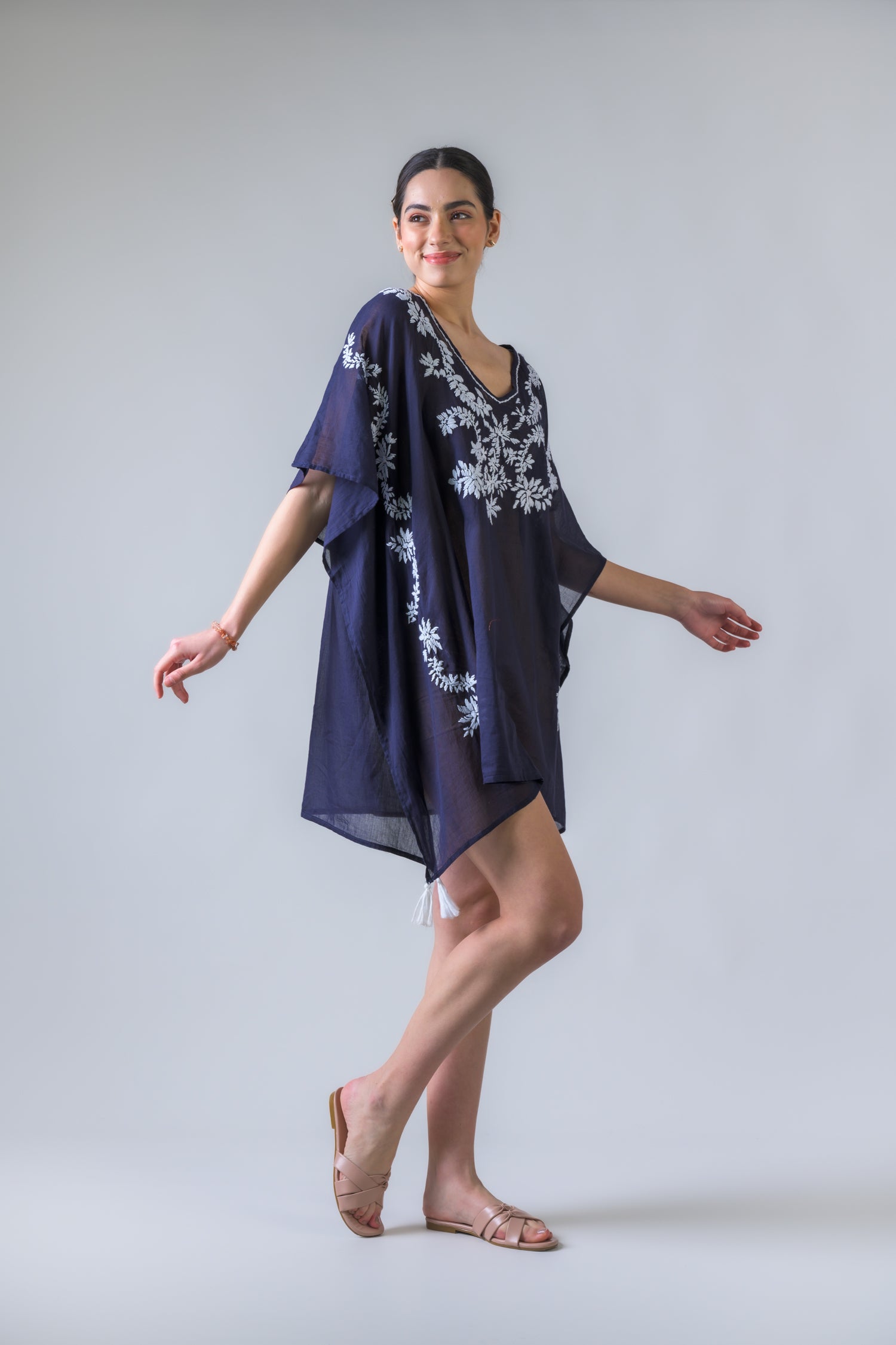 Laurels Embroidered Short Kaftan - Navy Blue
