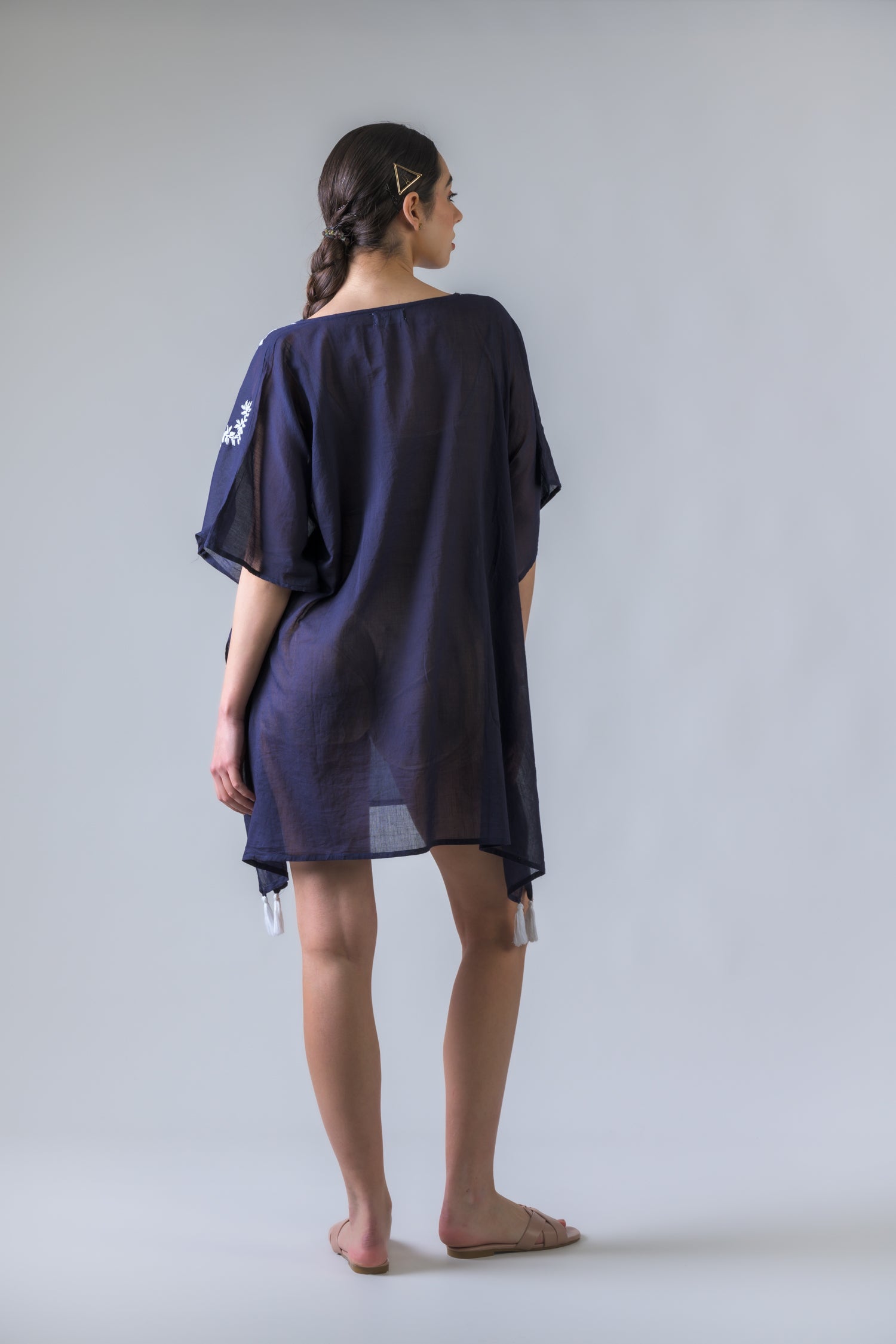 Laurels Embroidered Short Kaftan - Navy Blue