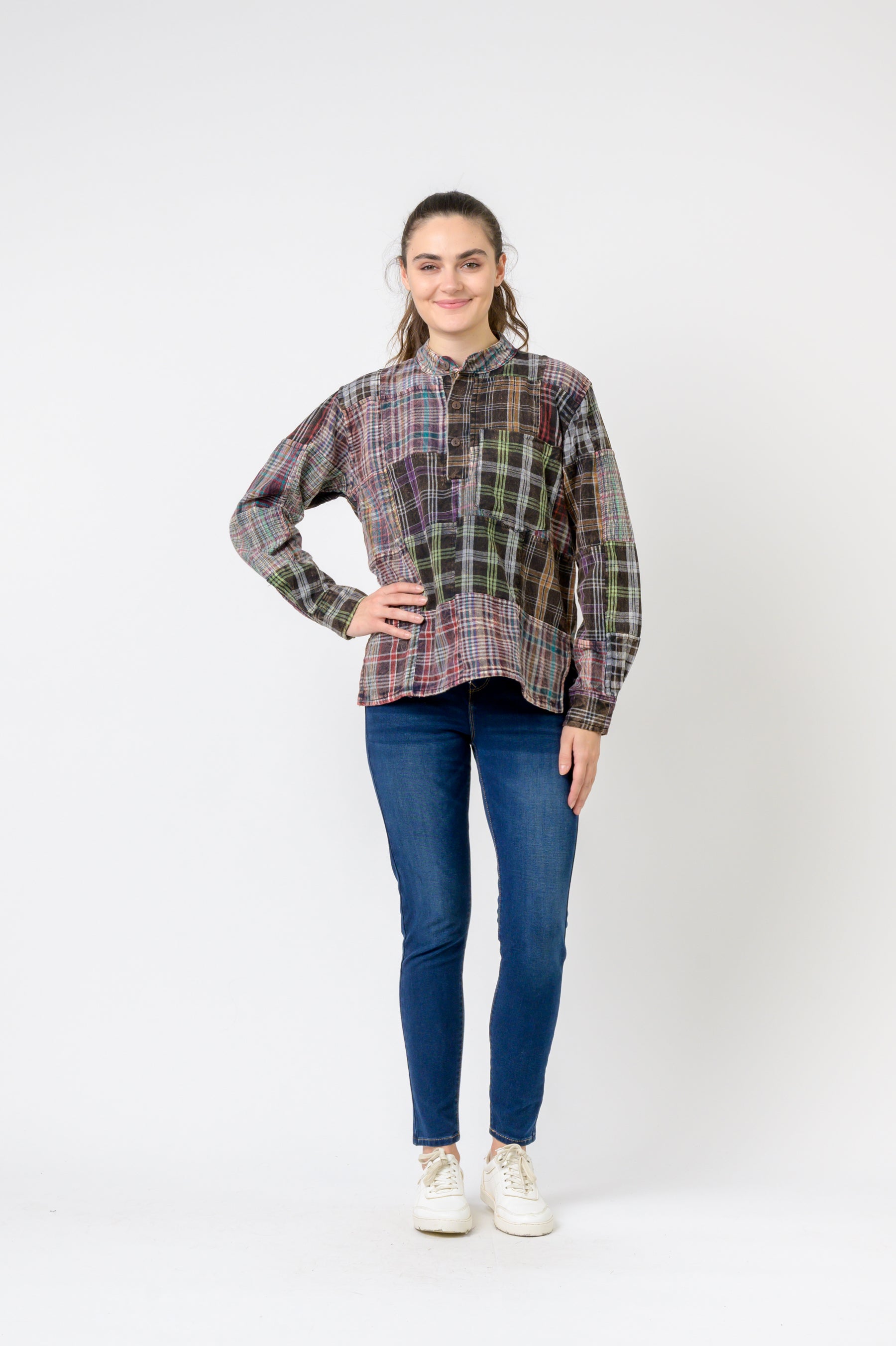 Patterned Cotton Long Sleeve Top - Multicolor