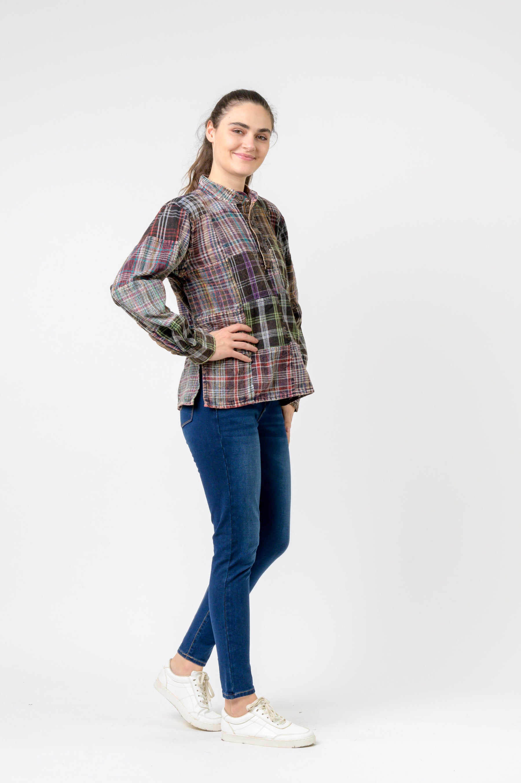Patterned Cotton Long Sleeve Top - Multicolor