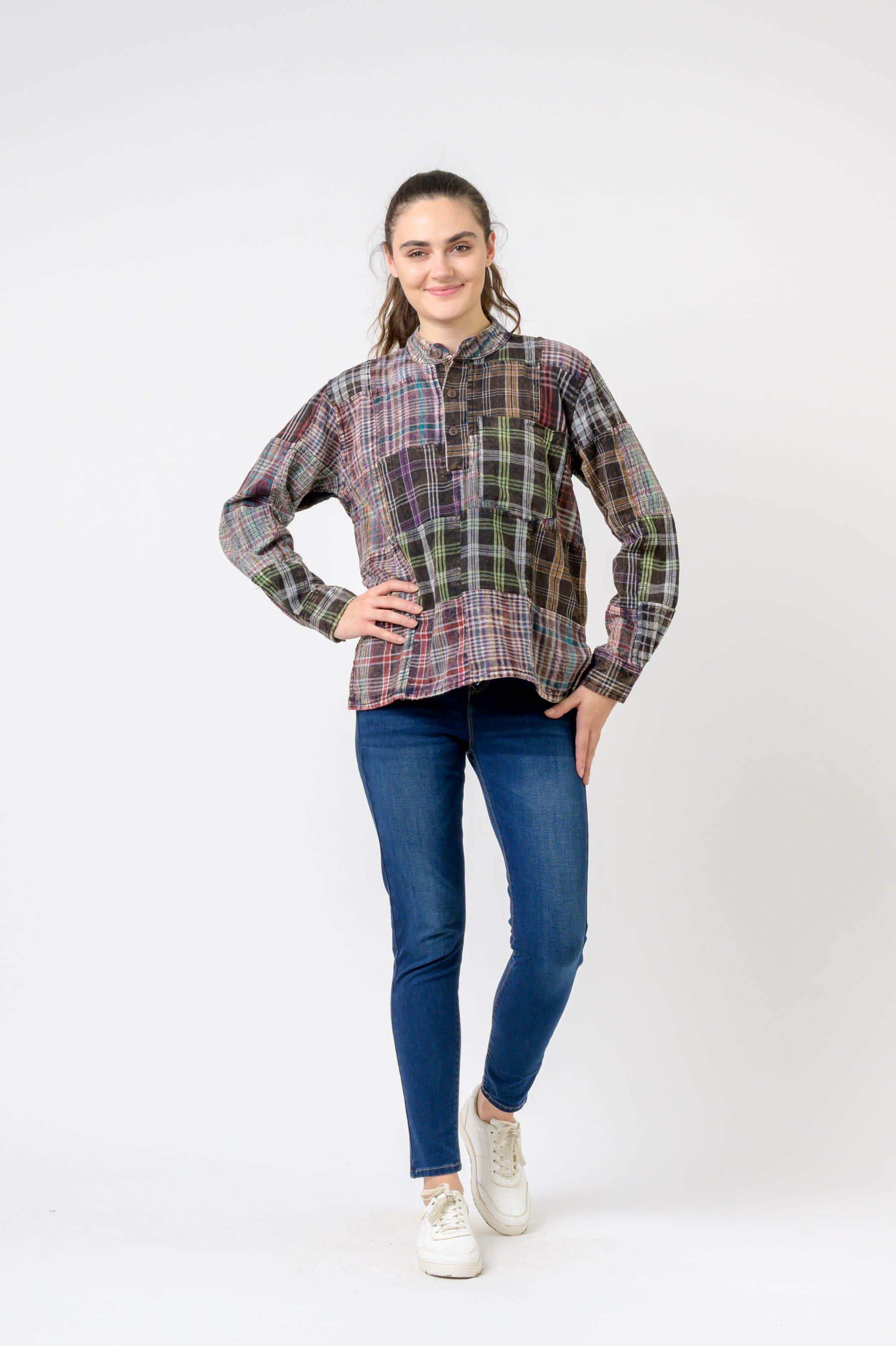 Patterned Cotton Long Sleeve Top - Multicolor