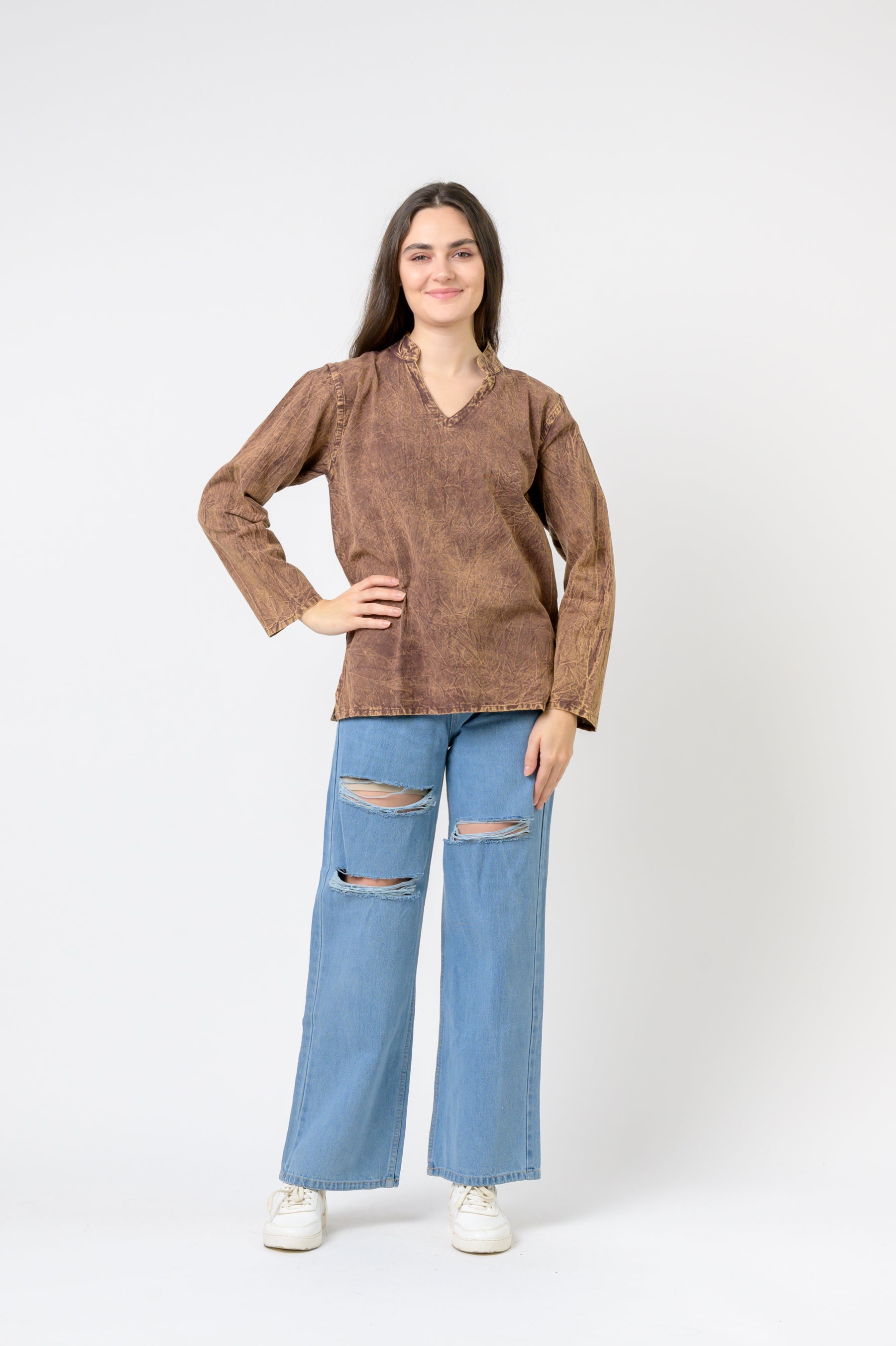 Solid Long Sleeve Top - Brown