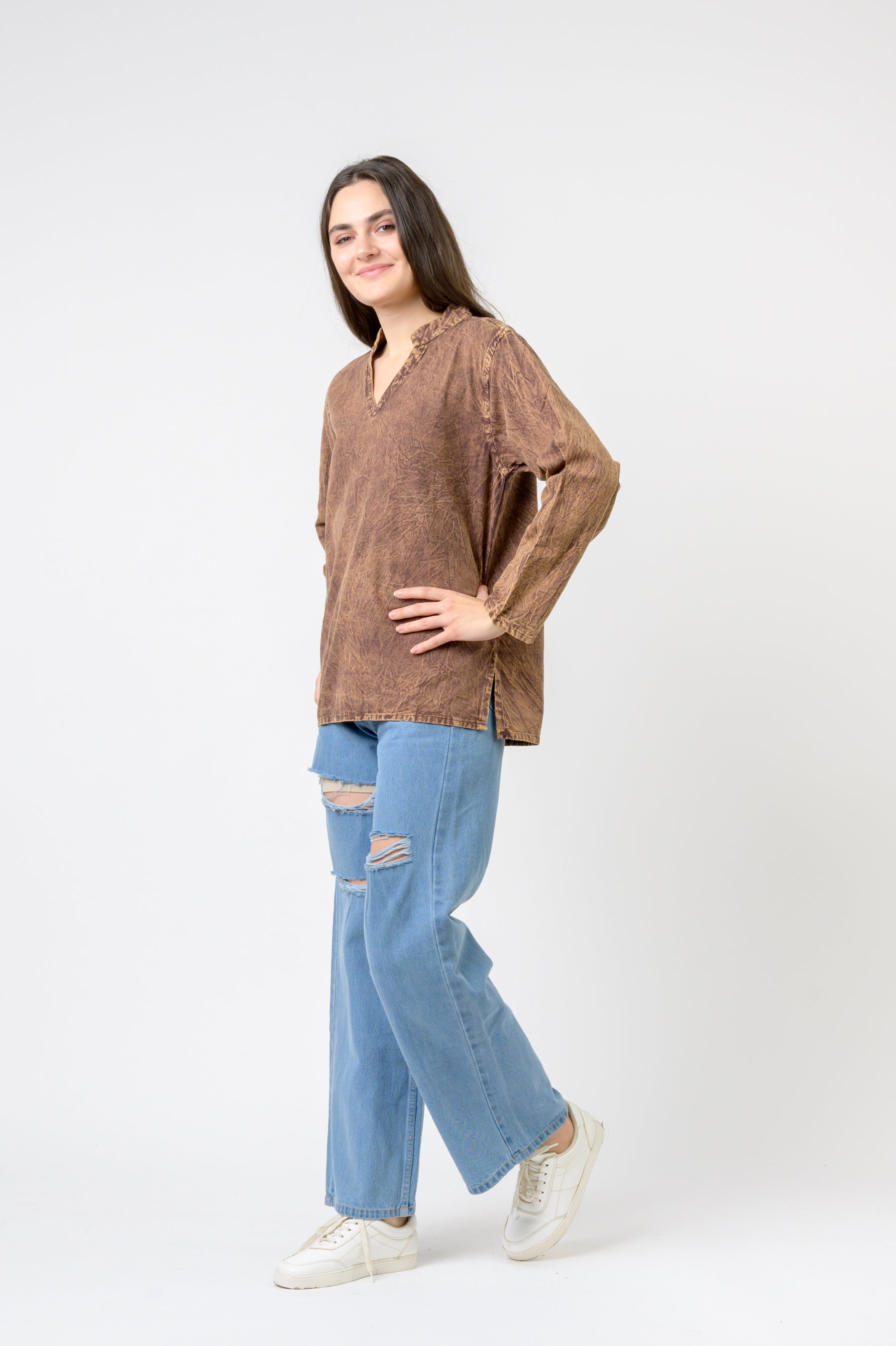 Solid Long Sleeve Top - Brown