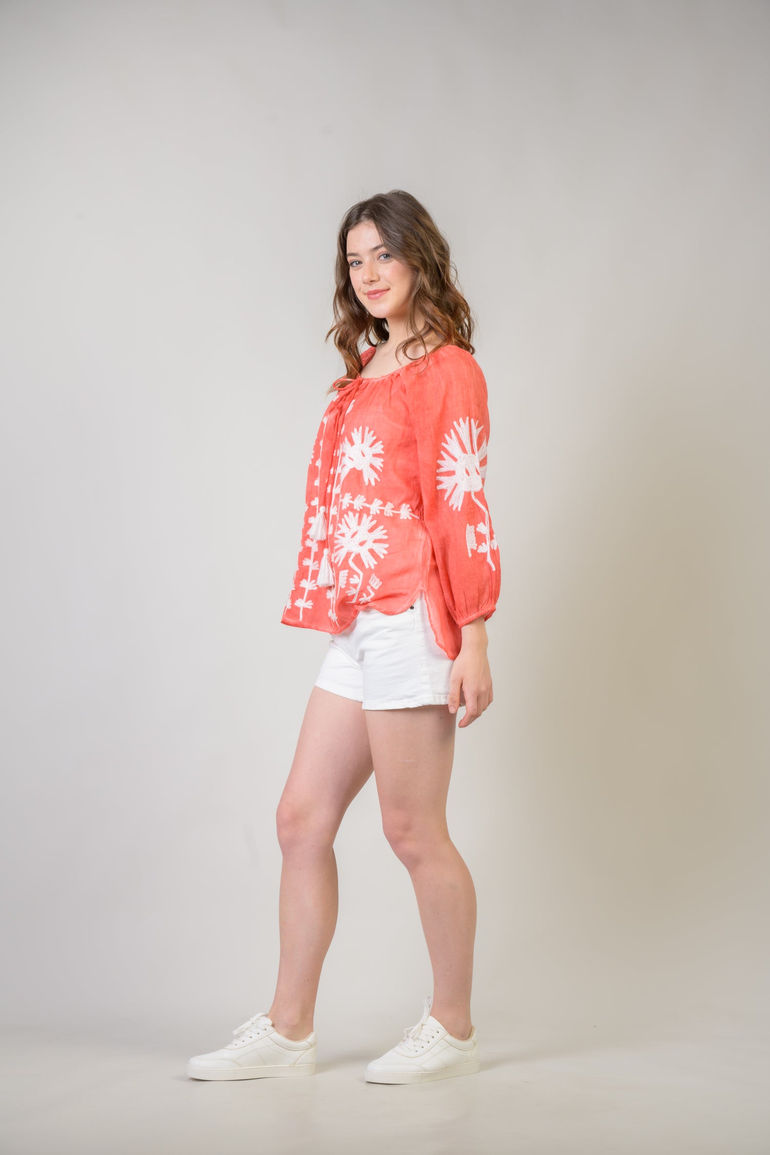 Rhea Embroidered Long Sleeve Cotton Top Orange / One Size