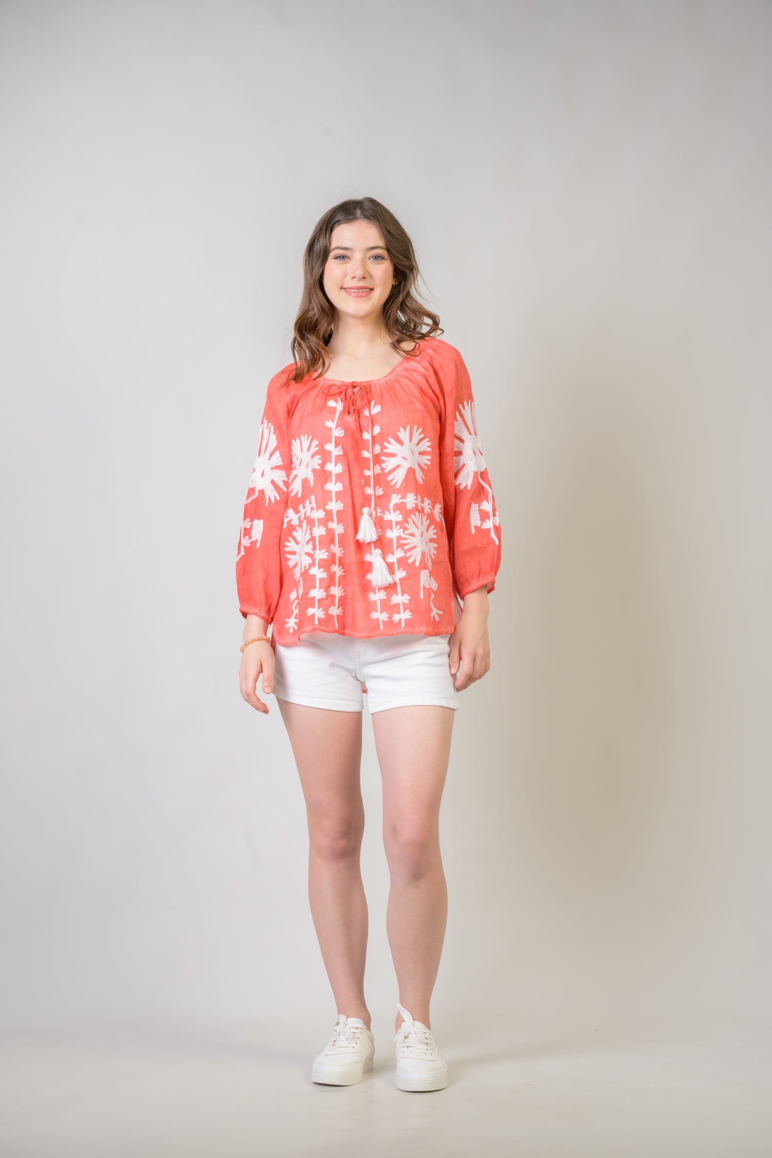 Embroidered Long Sleeve Cotton Top - Orange