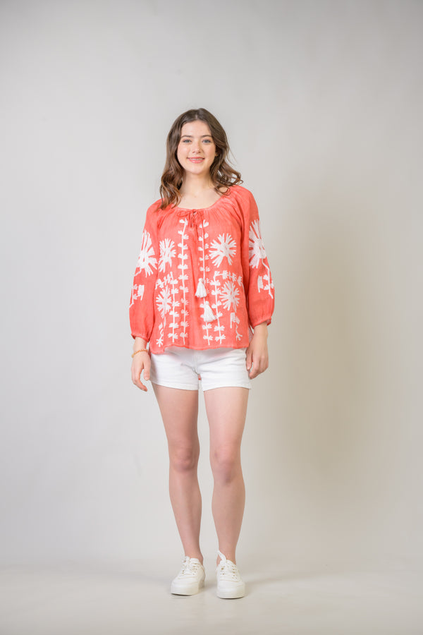 Embroidered Long Sleeve Cotton Top - Orange