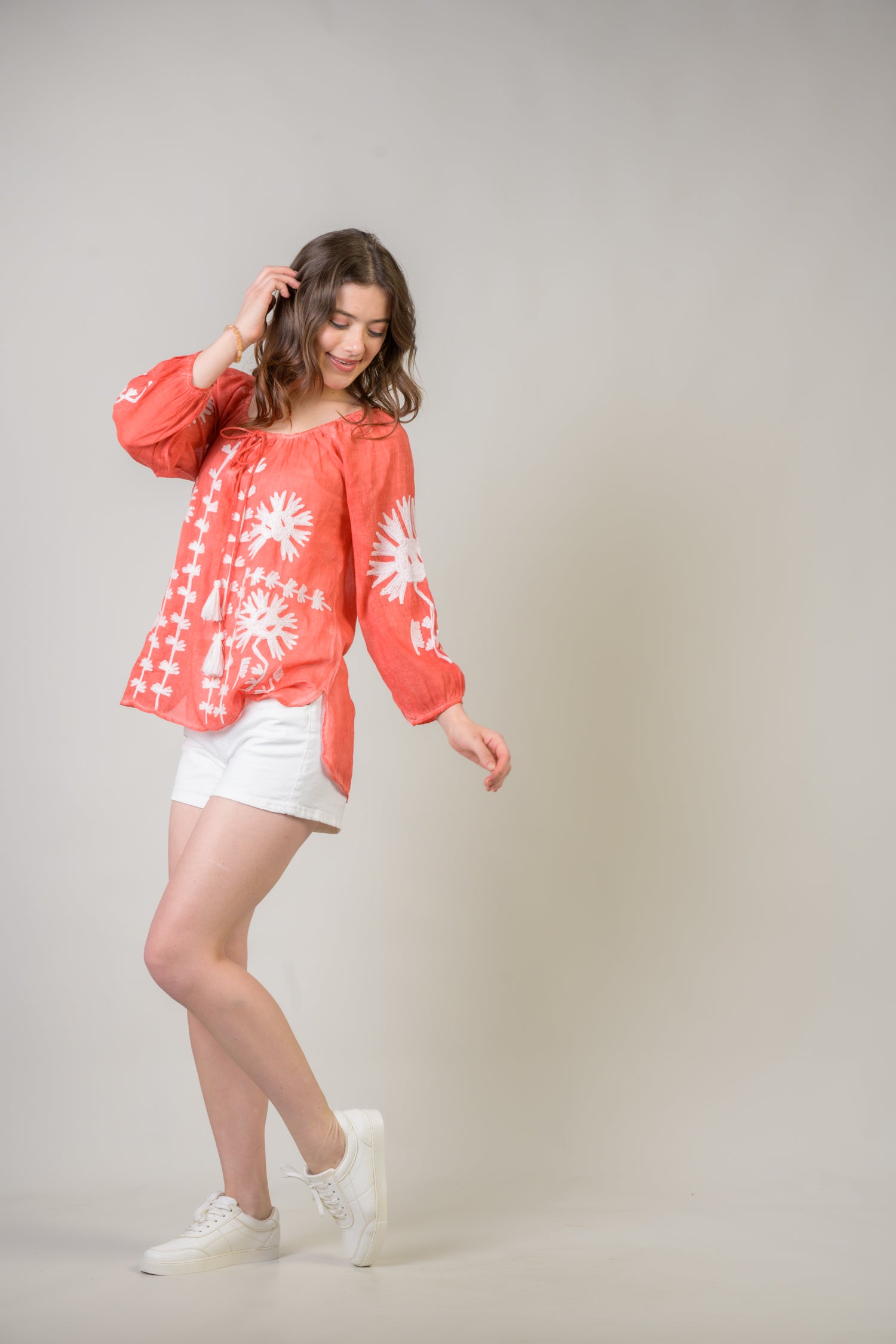 Embroidered Long Sleeve Cotton Top - Orange