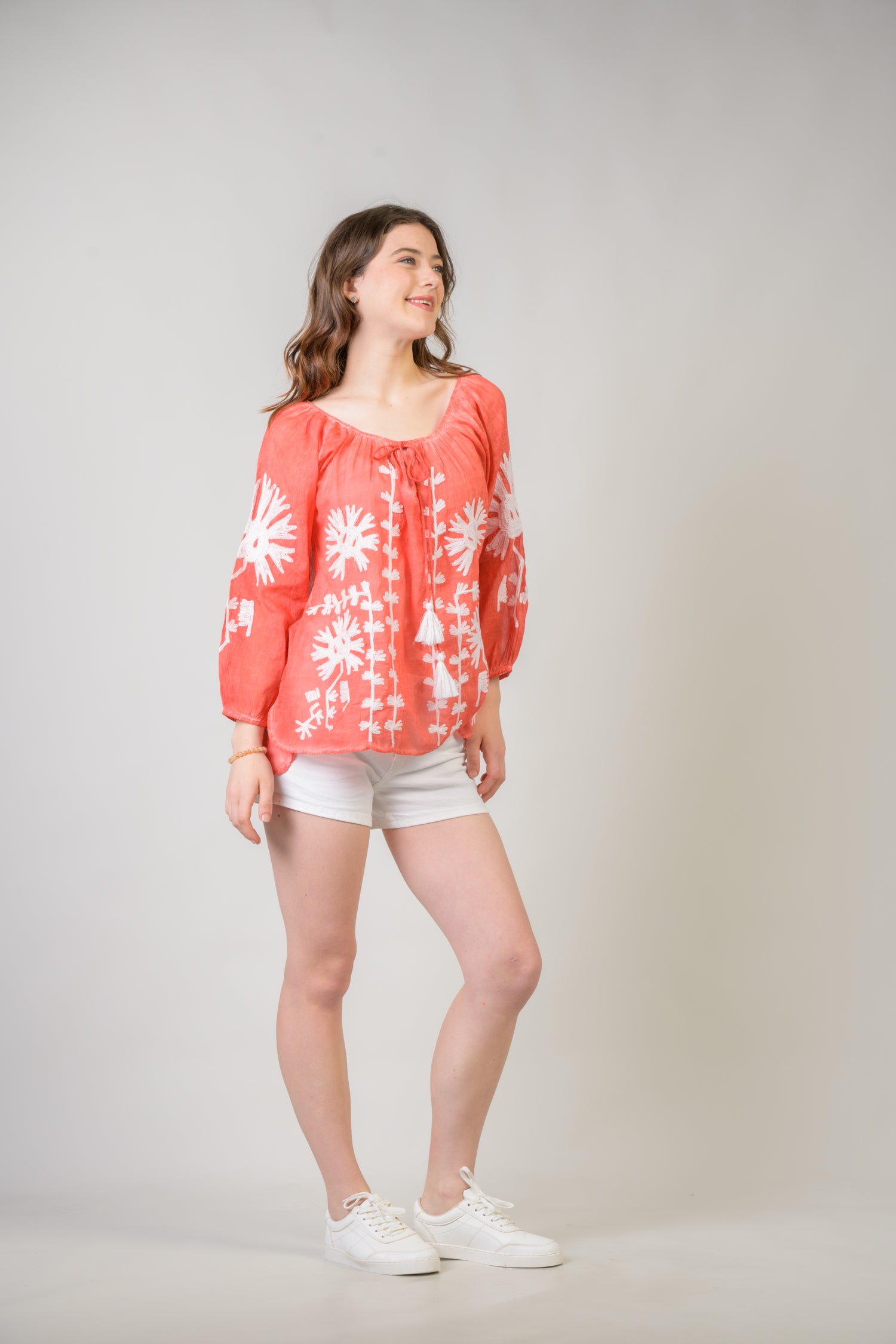 Embroidered Long Sleeve Cotton Top - Orange