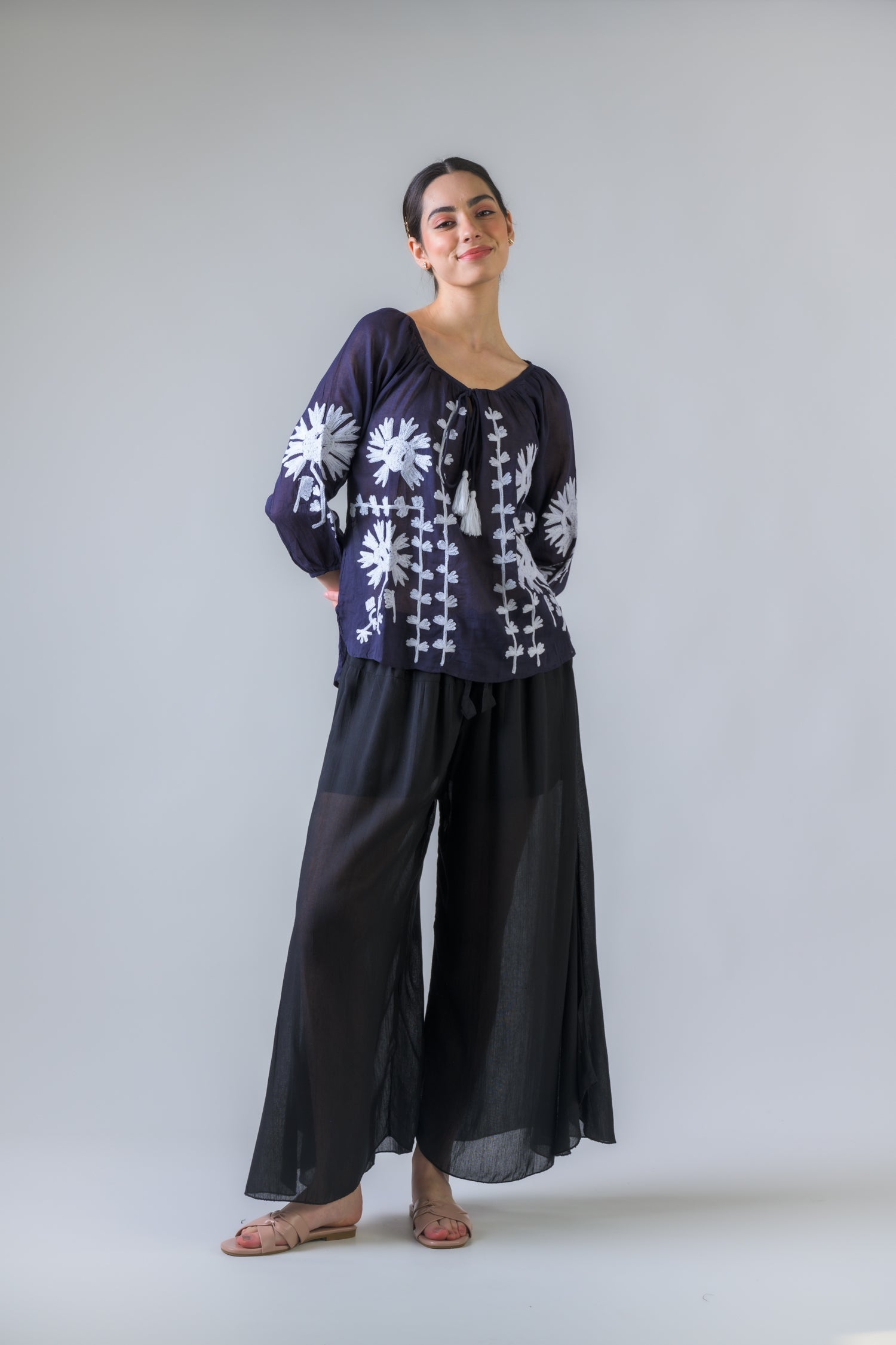 Embroidered Long Sleeve Cotton Top - Navy Blue