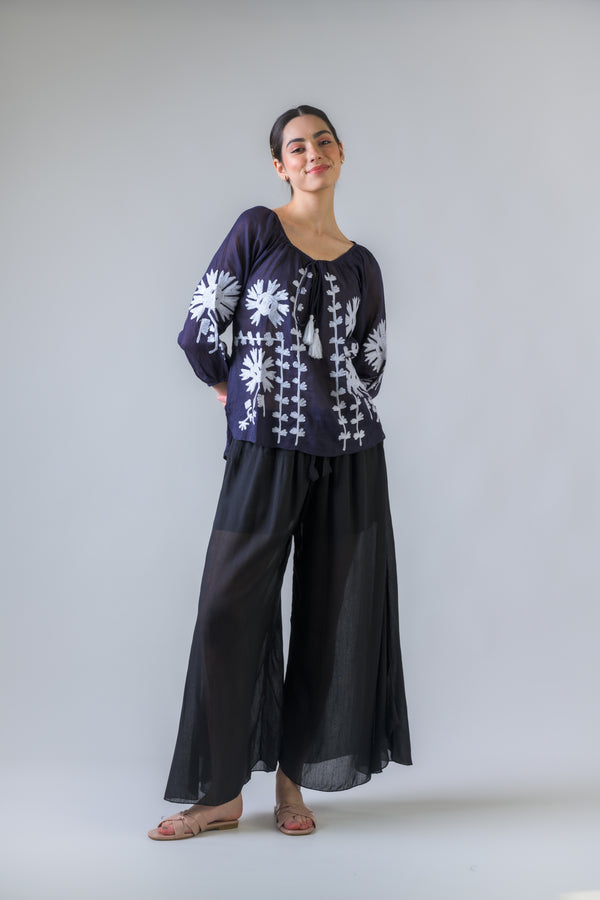 Embroidered Long Sleeve Cotton Top - Navy Blue