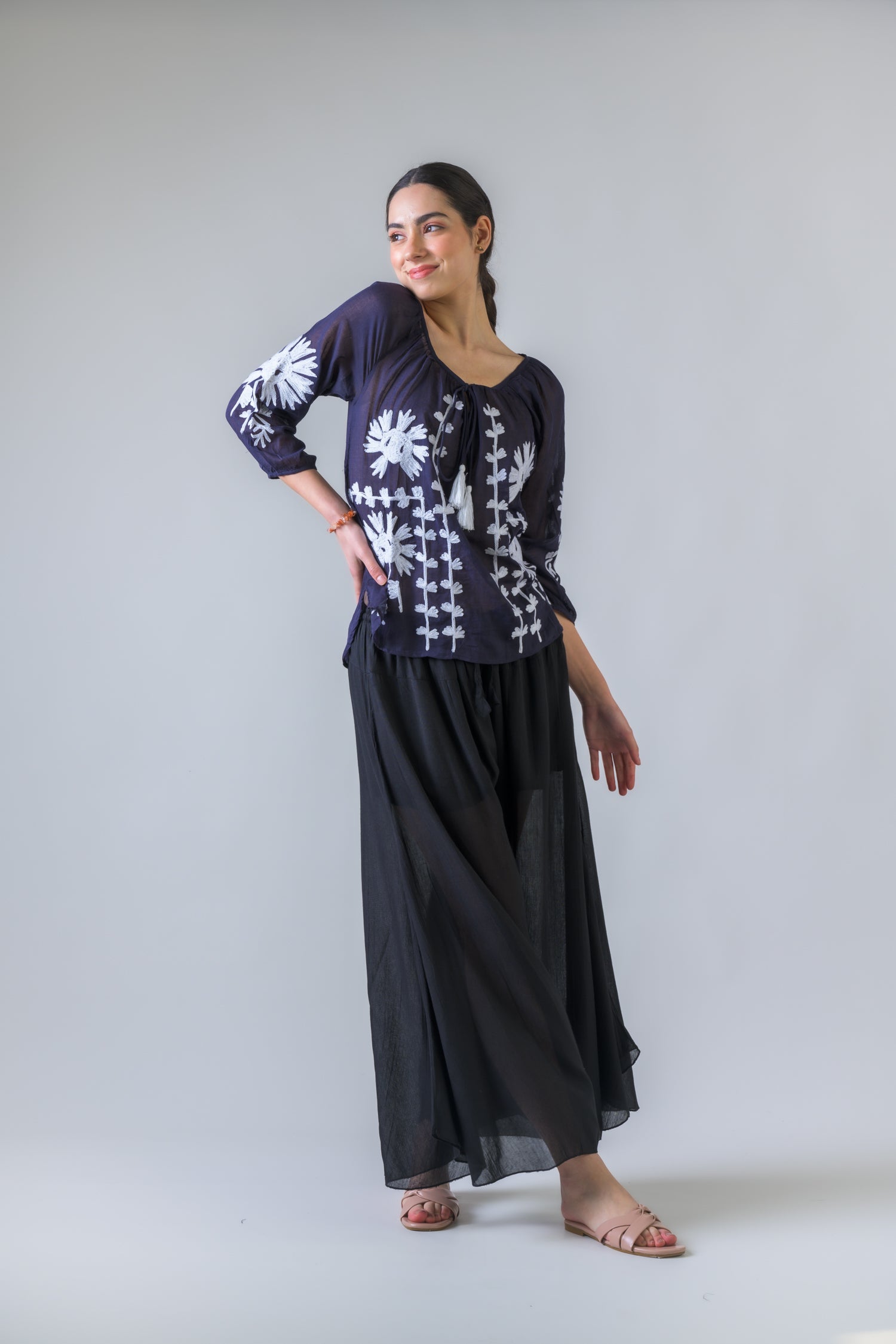 Embroidered Long Sleeve Cotton Top - Navy Blue