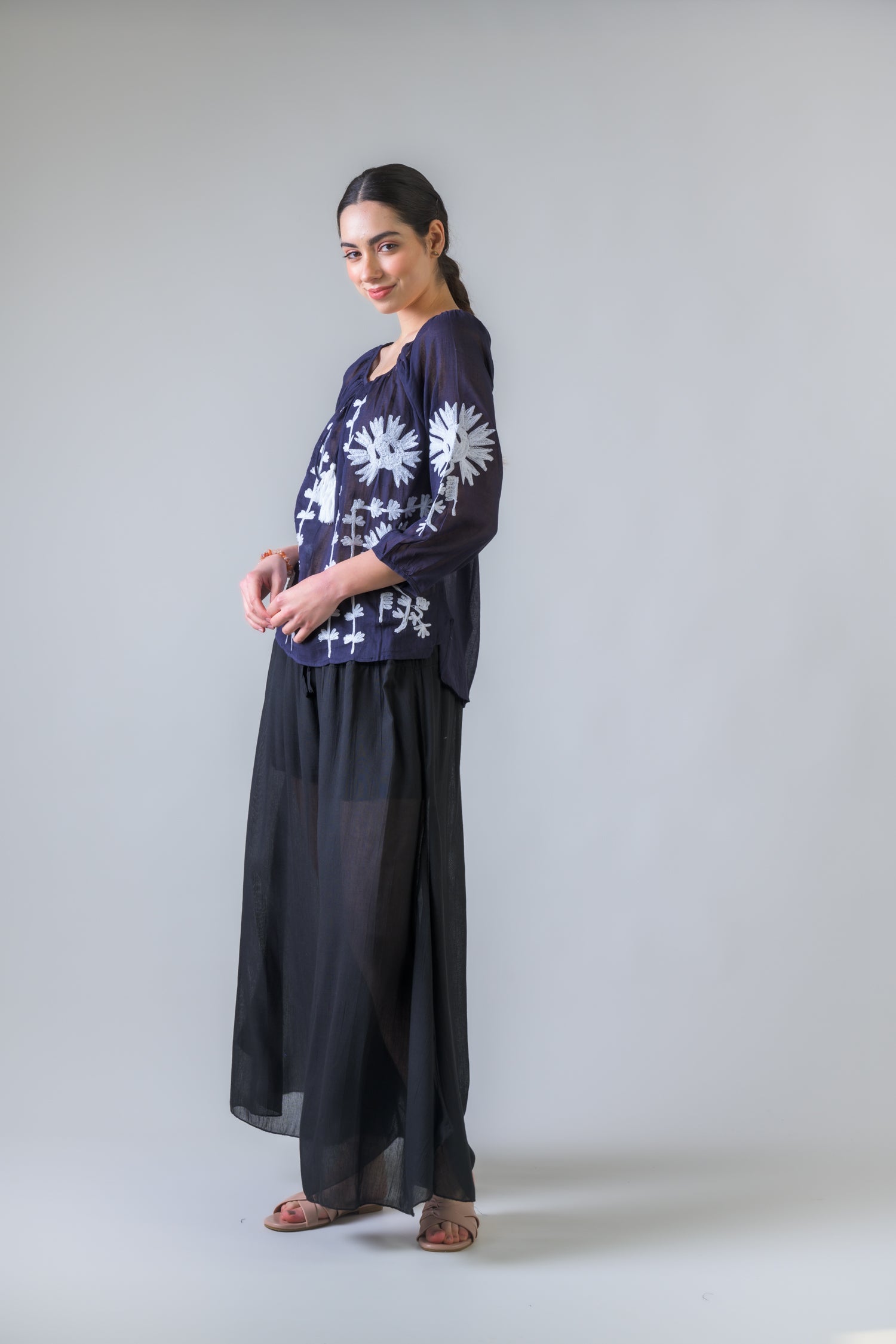 Embroidered Long Sleeve Cotton Top - Navy Blue