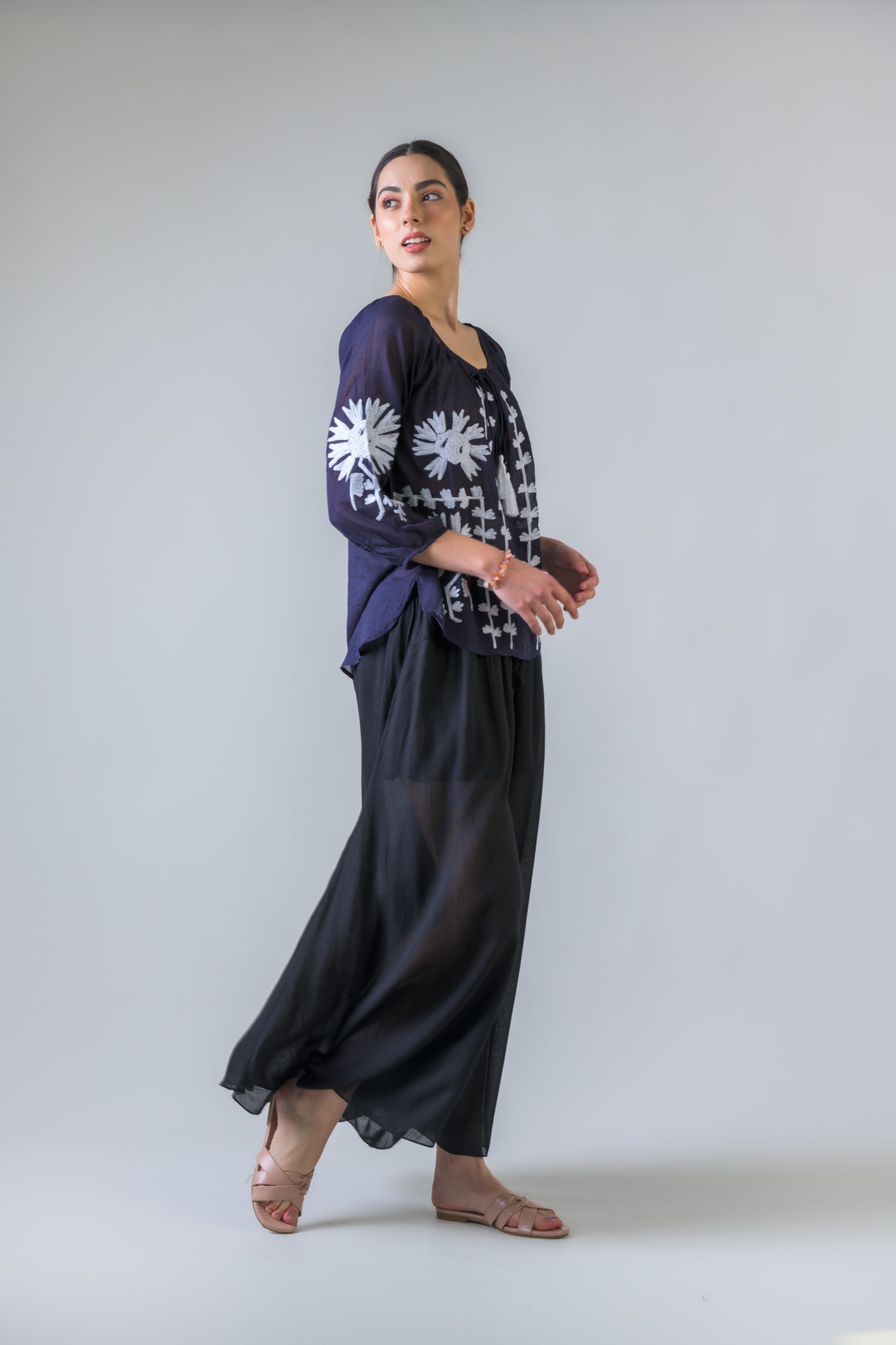 Embroidered Long Sleeve Cotton Top - Navy Blue