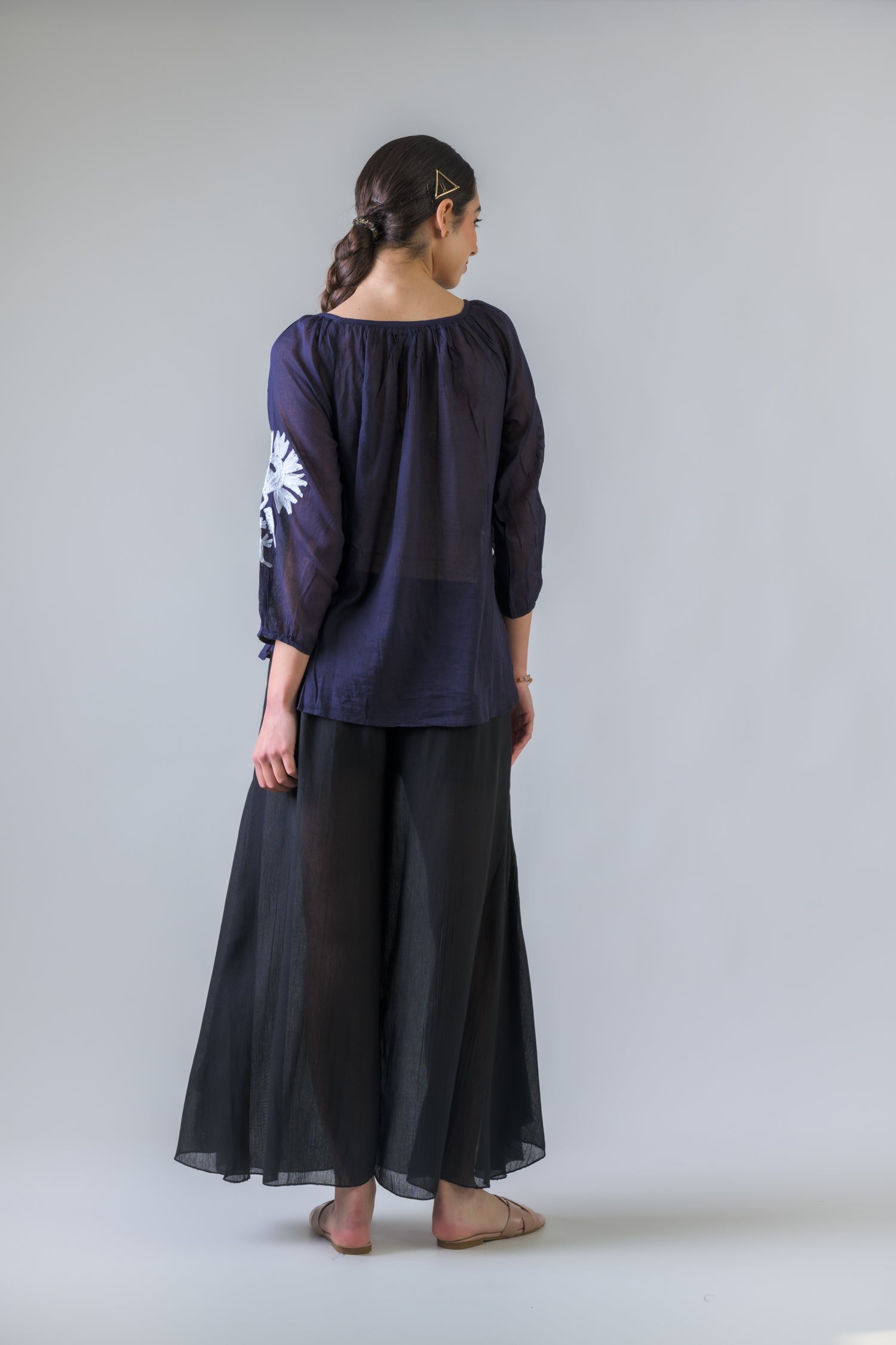 Embroidered Long Sleeve Cotton Top - Navy Blue